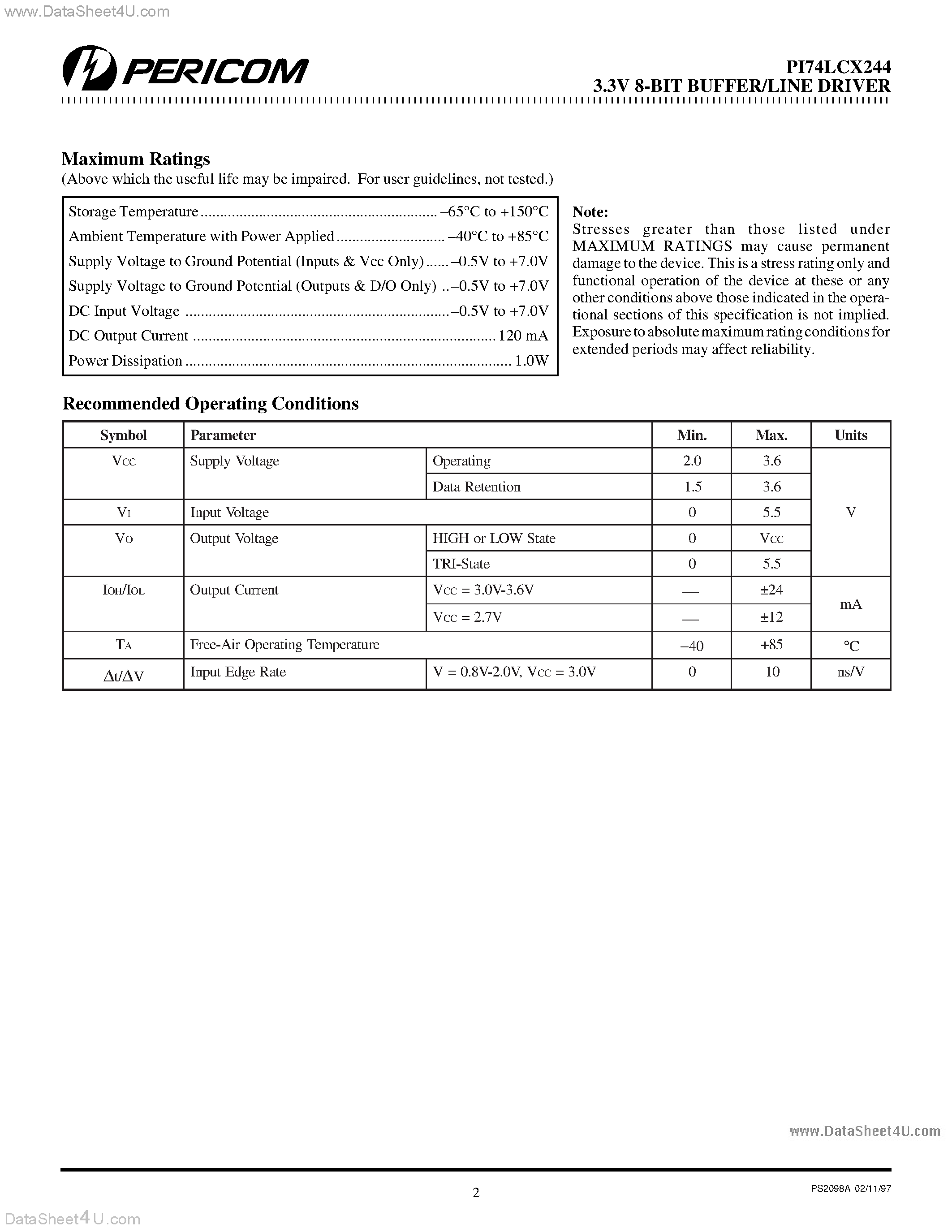 Datasheet PI74LCX244 - Fast CMOS 3.3V 8-Bit Buffer/Line Driver page 2