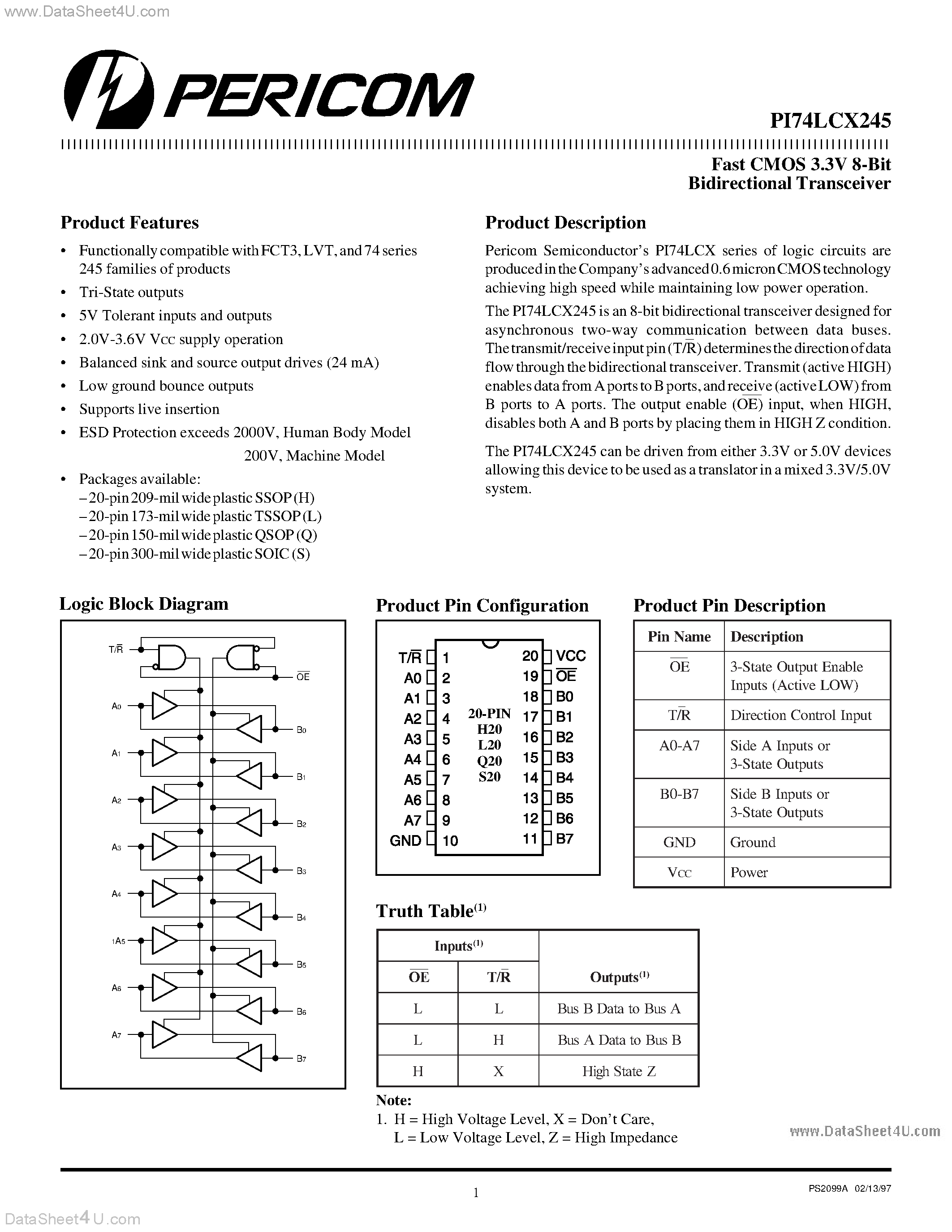 Datasheet PI74LCX245 - Fast CMOS 3.3V 8-Bit Bidirectional Transceiver page 1