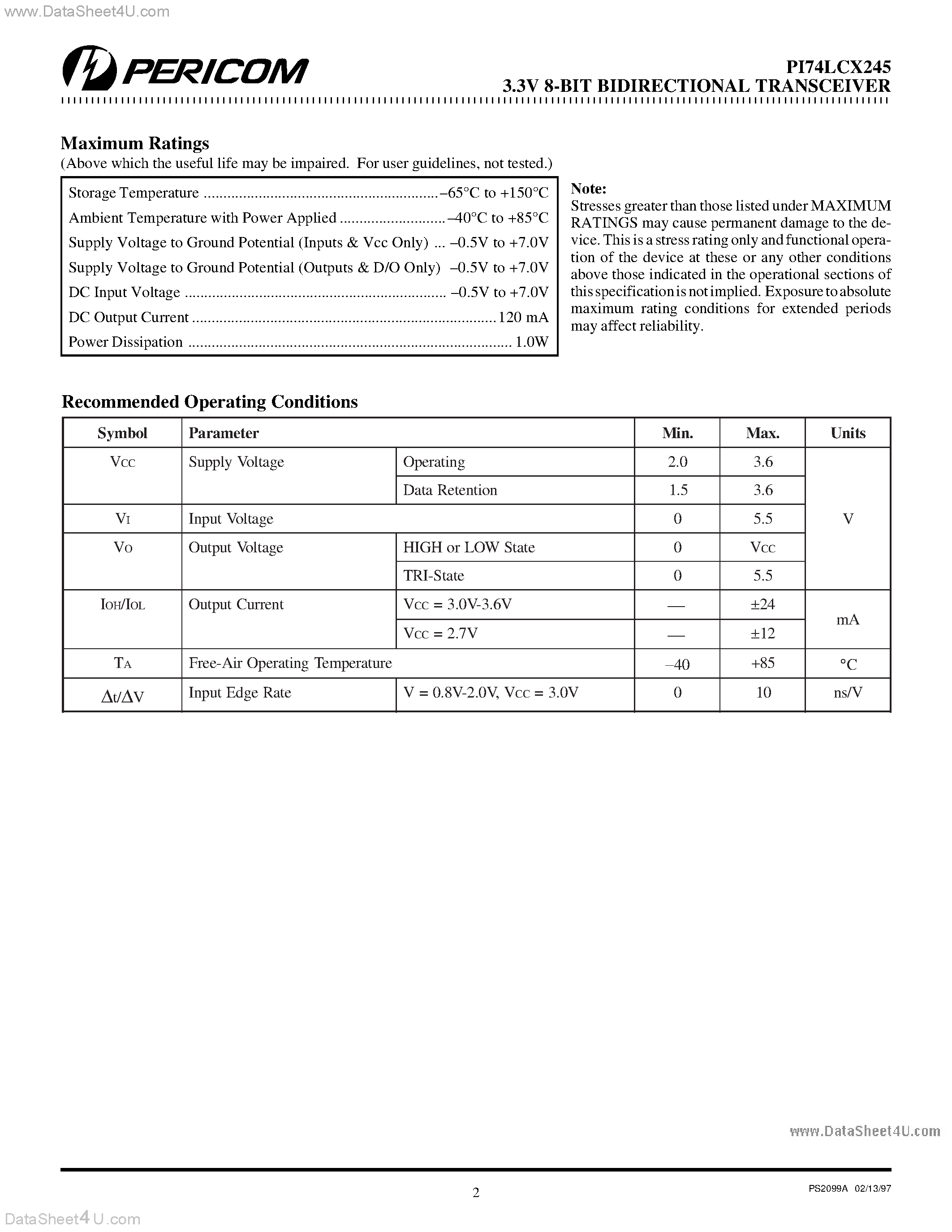 Datasheet PI74LCX245 - Fast CMOS 3.3V 8-Bit Bidirectional Transceiver page 2
