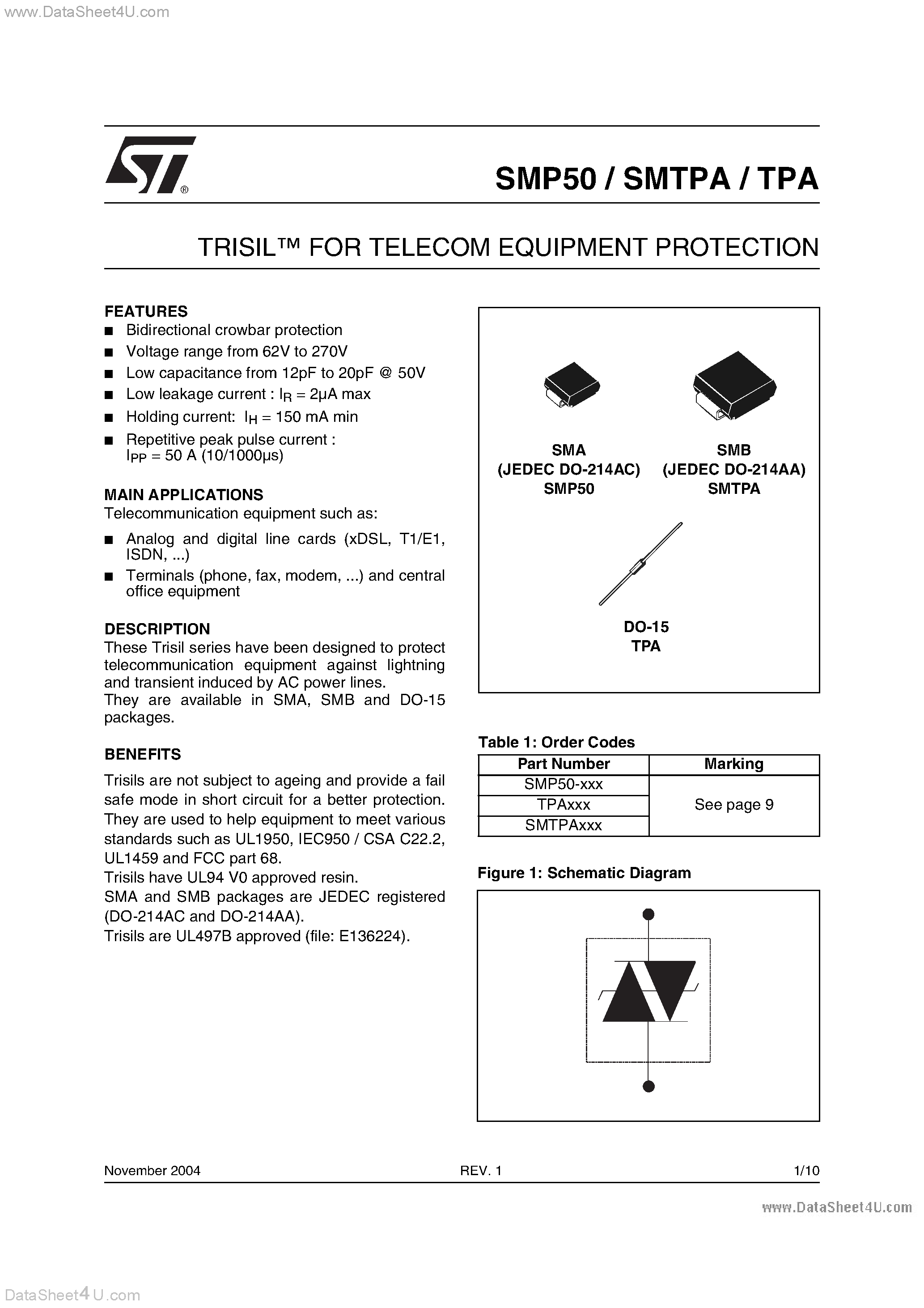 Datasheet SMP50 - TRISIL FOR TELECOM EQUIPMENT PROTECTION page 1