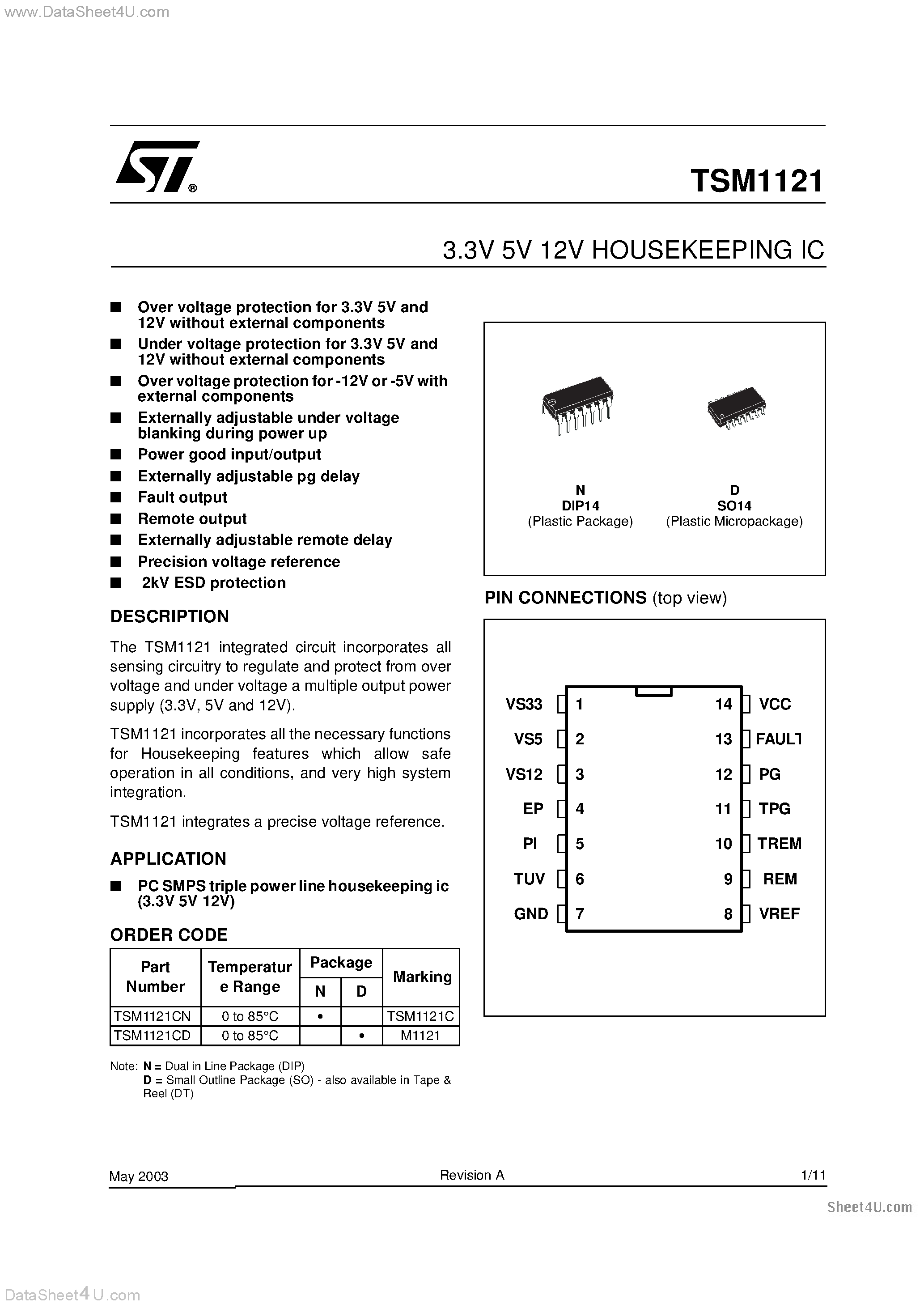 Datasheet TSM1121 - 3.3V 5V 12V HOUSEKEEPING IC page 1