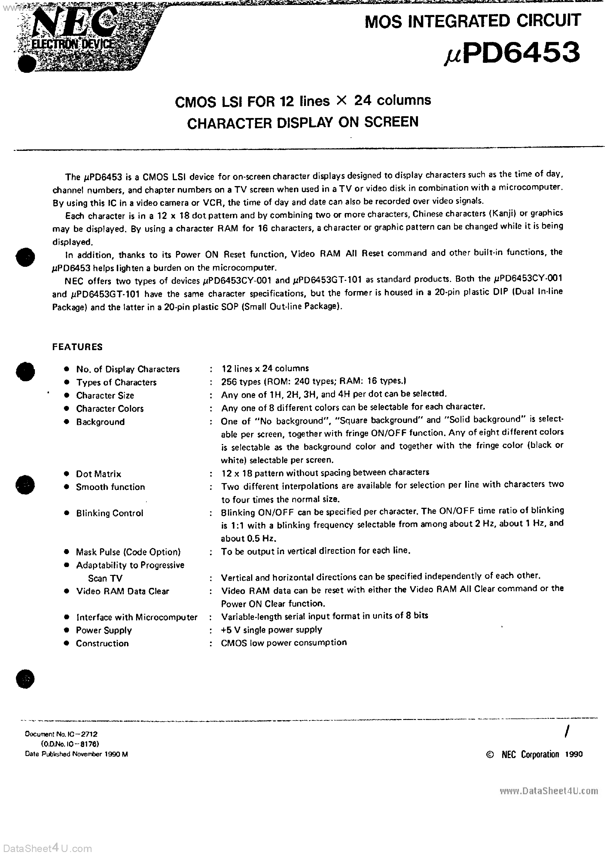Даташит UPD6453 - MOS INTEGRATED CIRCUIT CMOS LSI FOR 12 lines X 24 columns CHARACTER DISPLAY ON SCREEN страница 1