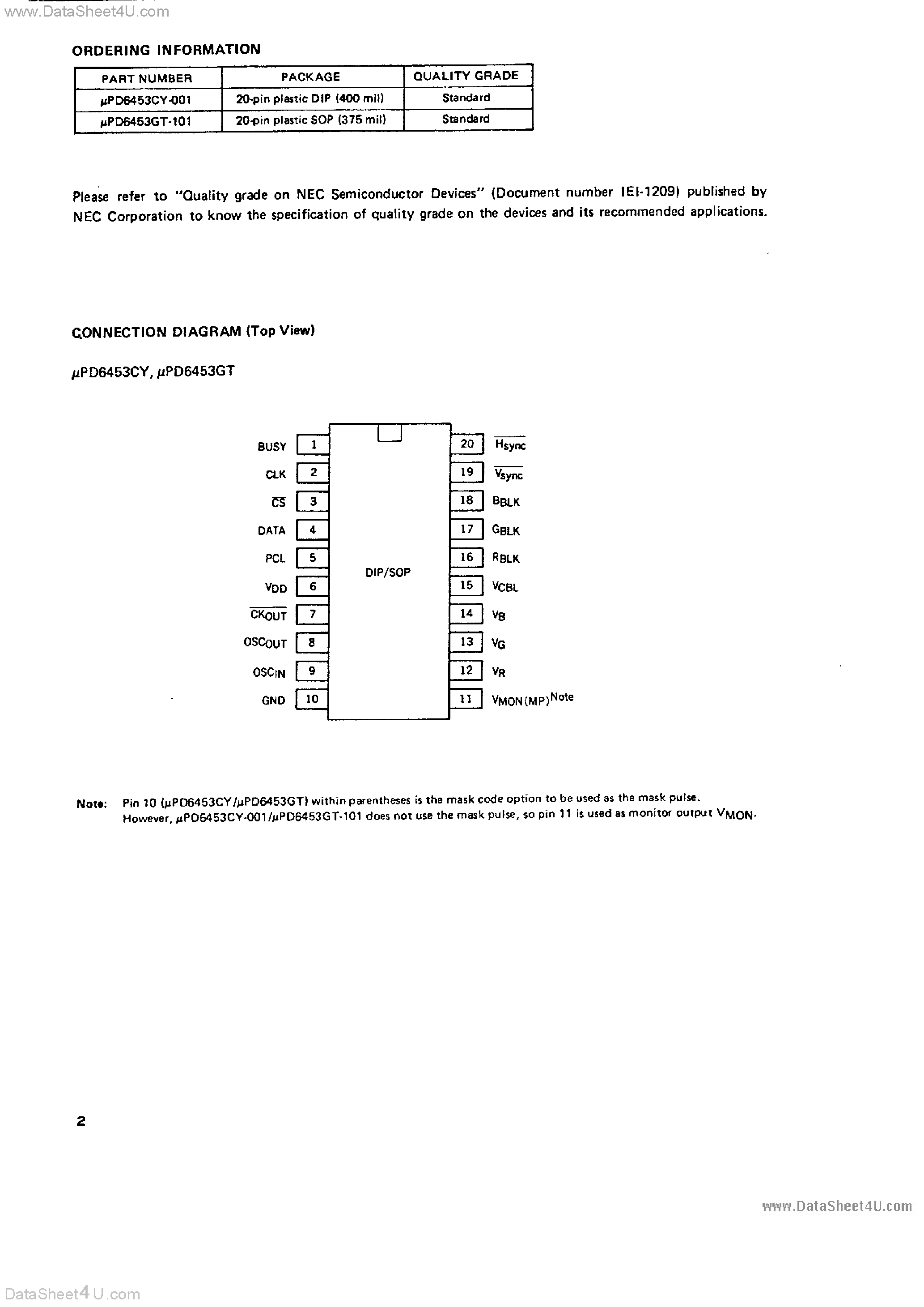 Даташит UPD6453 - MOS INTEGRATED CIRCUIT CMOS LSI FOR 12 lines X 24 columns CHARACTER DISPLAY ON SCREEN страница 2