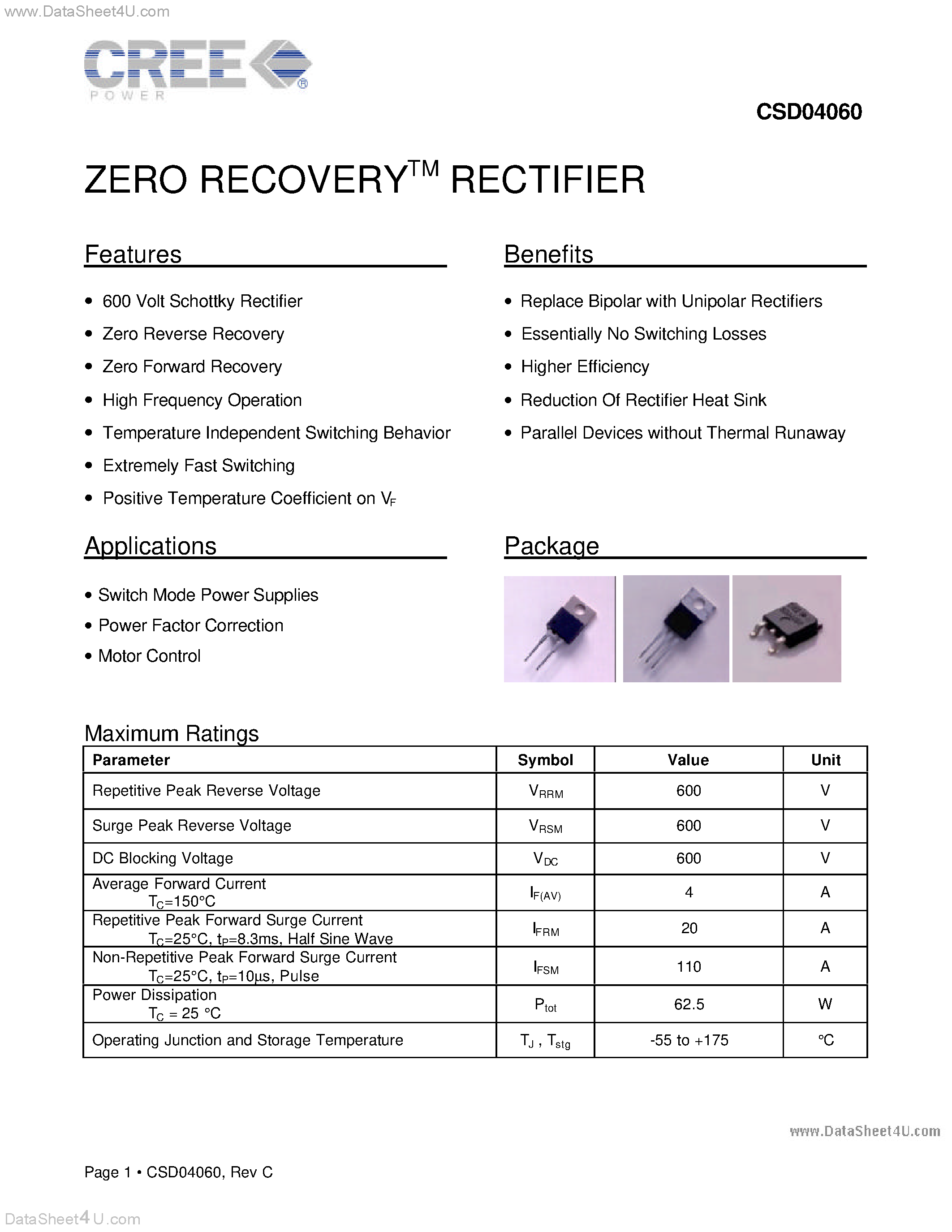 Datasheet CSD04060 - ZERO RECOVERY RECTIFIER page 1