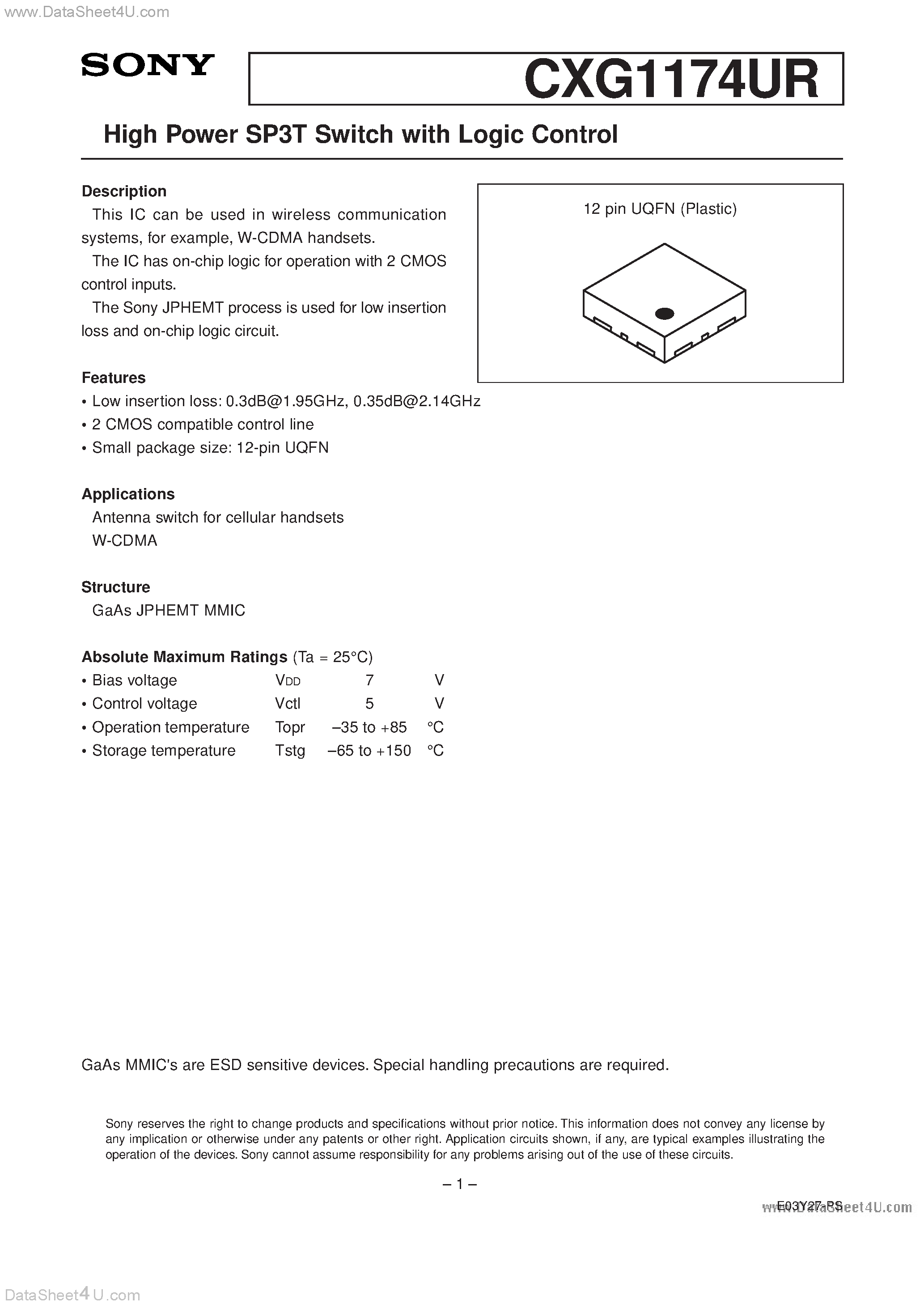 Даташит на микросхему CXG1174UR страница 1 Даташит CXG1174UR - High Power SP3T Switch with Logic Control страница 1
