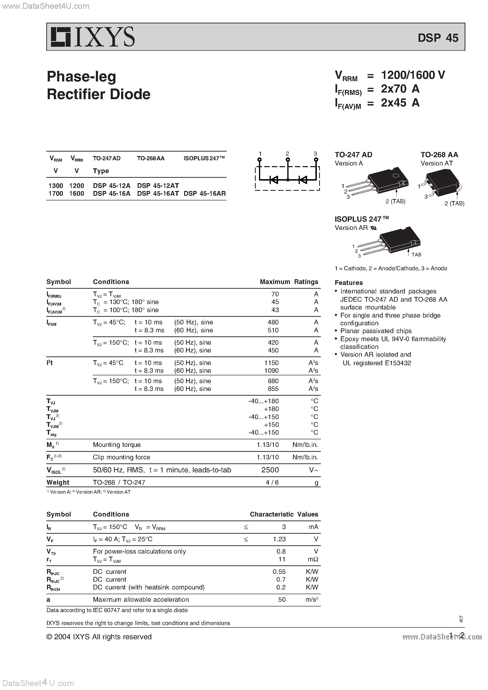 Datasheet DSP45 - Phase-leg Rectifier Diode page 1