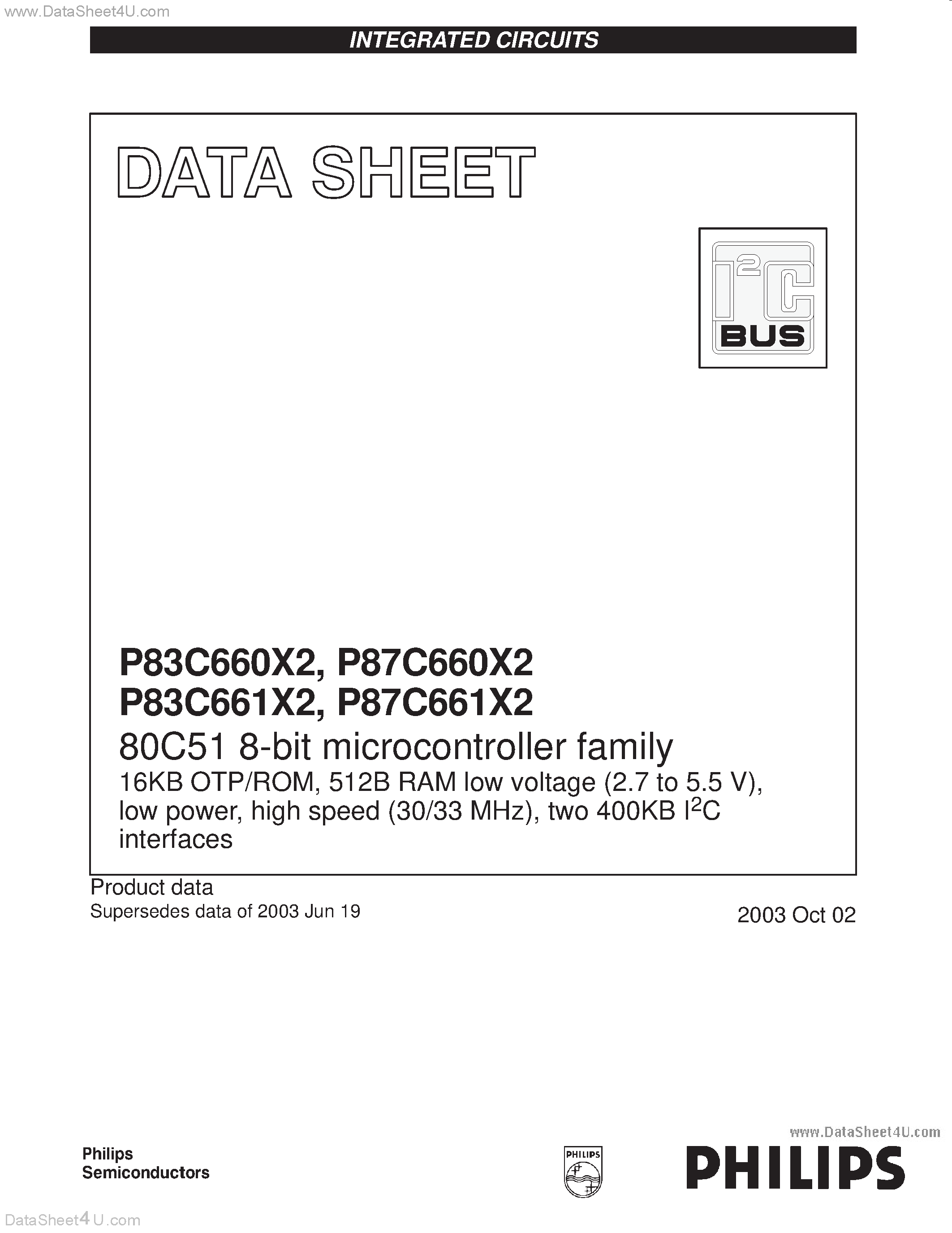 Datasheet P83C660X2 - (P83C661X2) 80C51 8-bit microcontroller family page 1