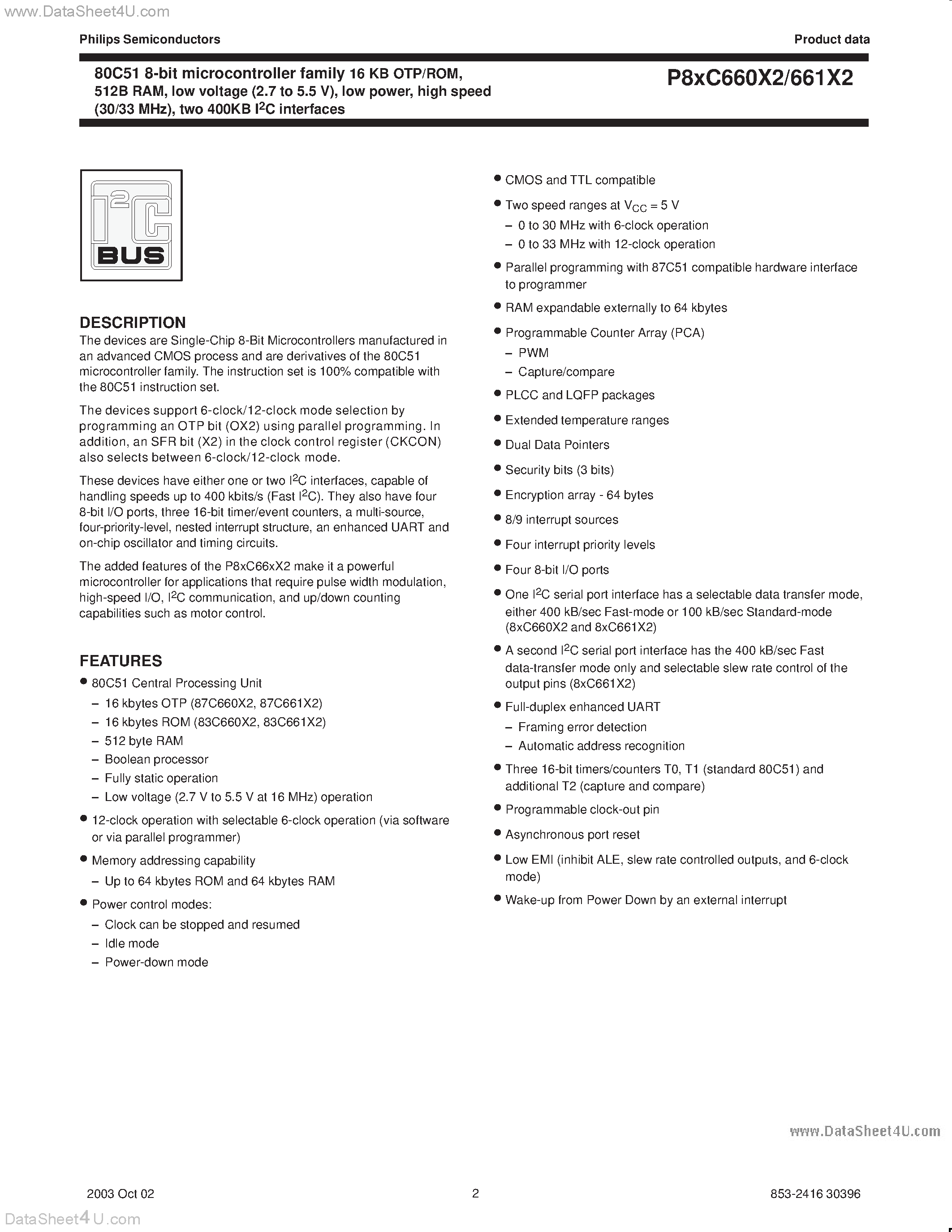 Datasheet P83C660X2 - (P83C661X2) 80C51 8-bit microcontroller family page 2