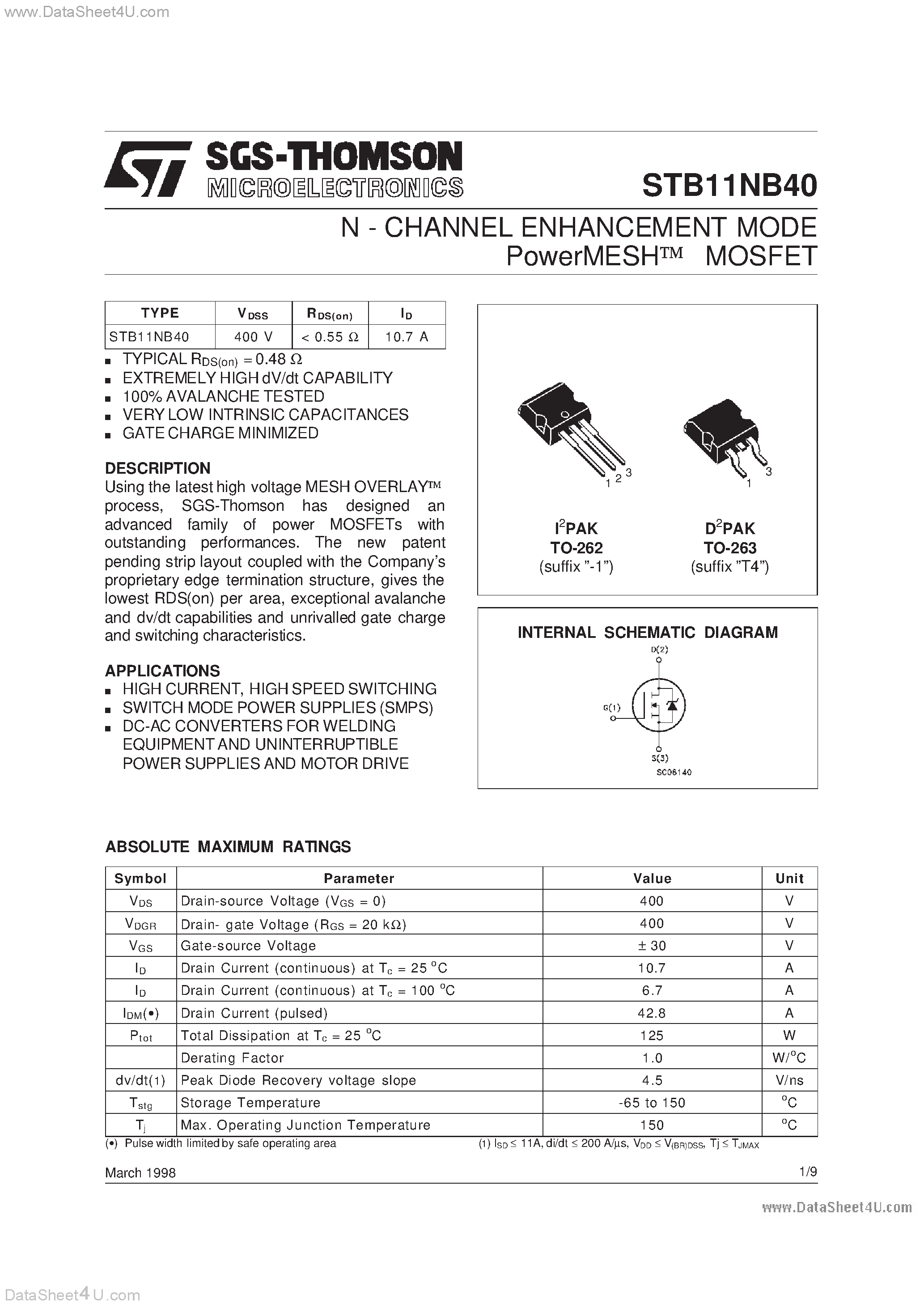 Datasheet STB11NB40 - N - CHANNEL ENHANCEMENT MODE PowerMESH MOSFET page 1