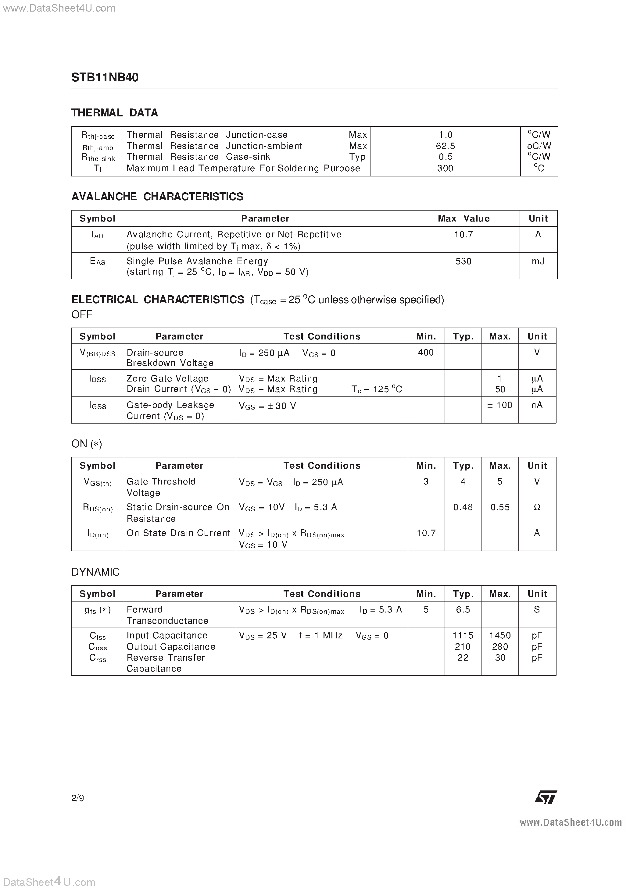 Datasheet STB11NB40 - N - CHANNEL ENHANCEMENT MODE PowerMESH MOSFET page 2