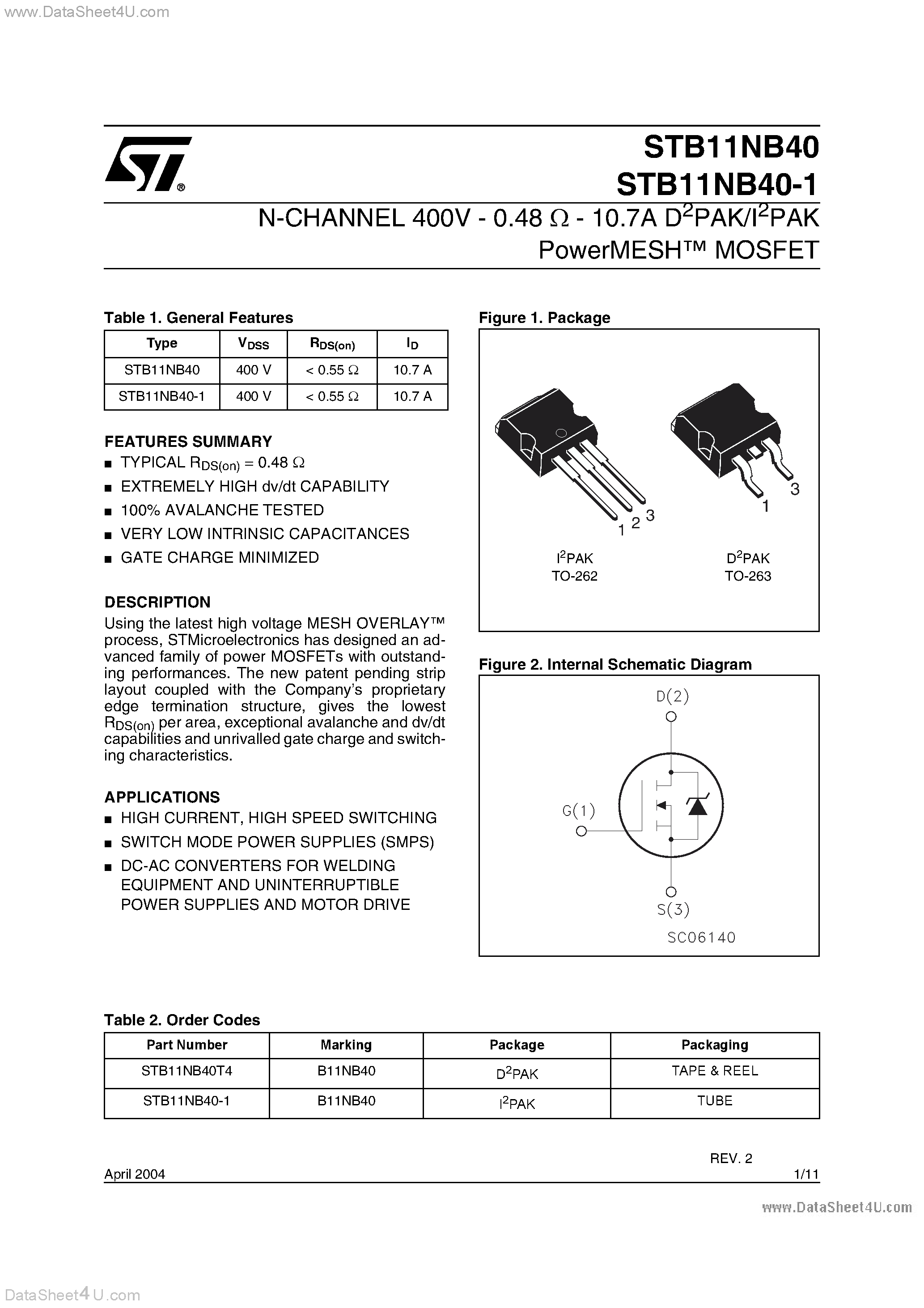Datasheet STB11NB40-1 - N-CHANNEL PowerMESH MOSFET page 1