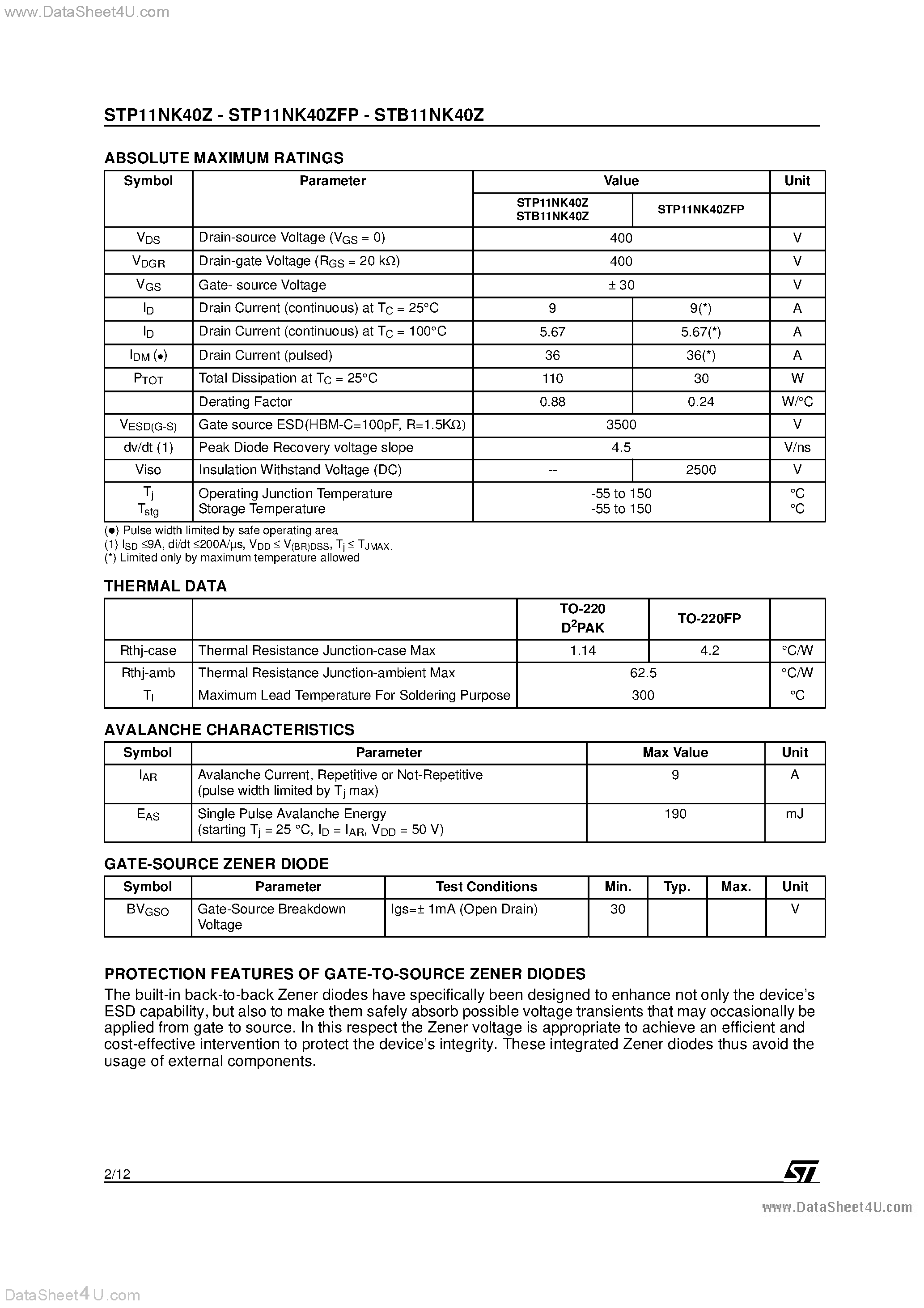 Datasheet STB11NK40Z - N-CHANNEL PowerMESH MOSFET page 2