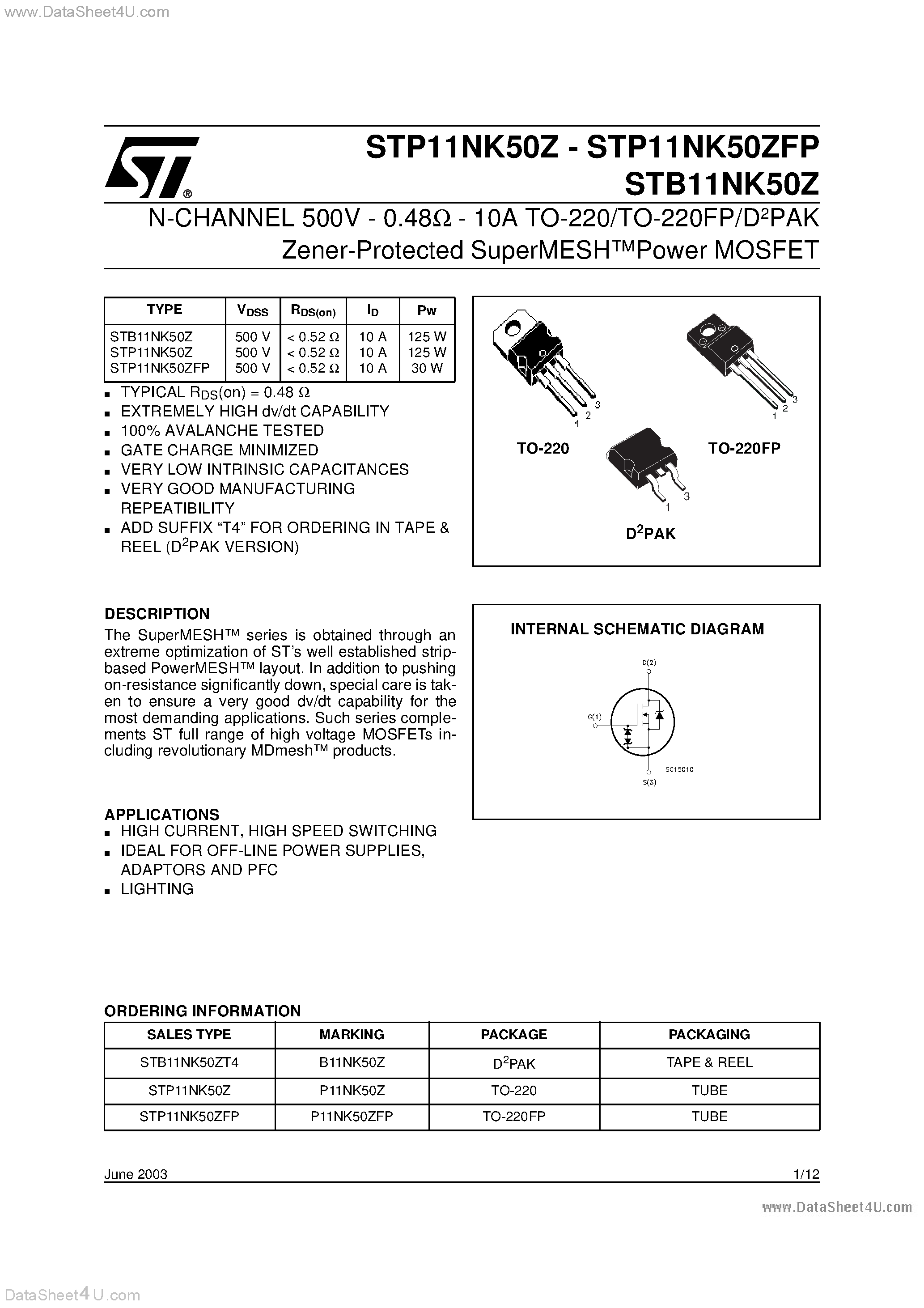 Datasheet STB11NK50Z - N-CHANNEL PowerMESH MOSFET page 1