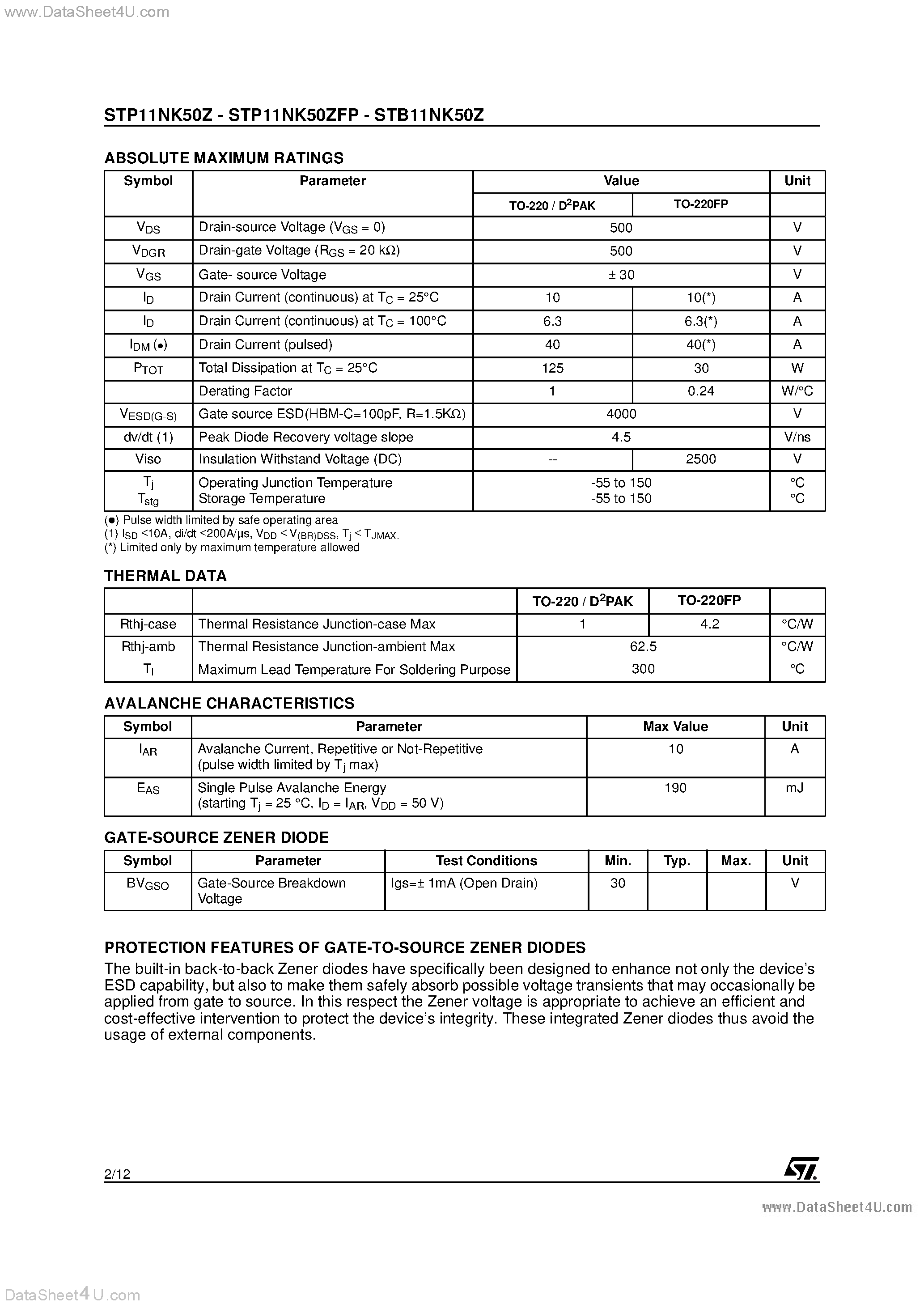 Datasheet STB11NK50Z - N-CHANNEL PowerMESH MOSFET page 2