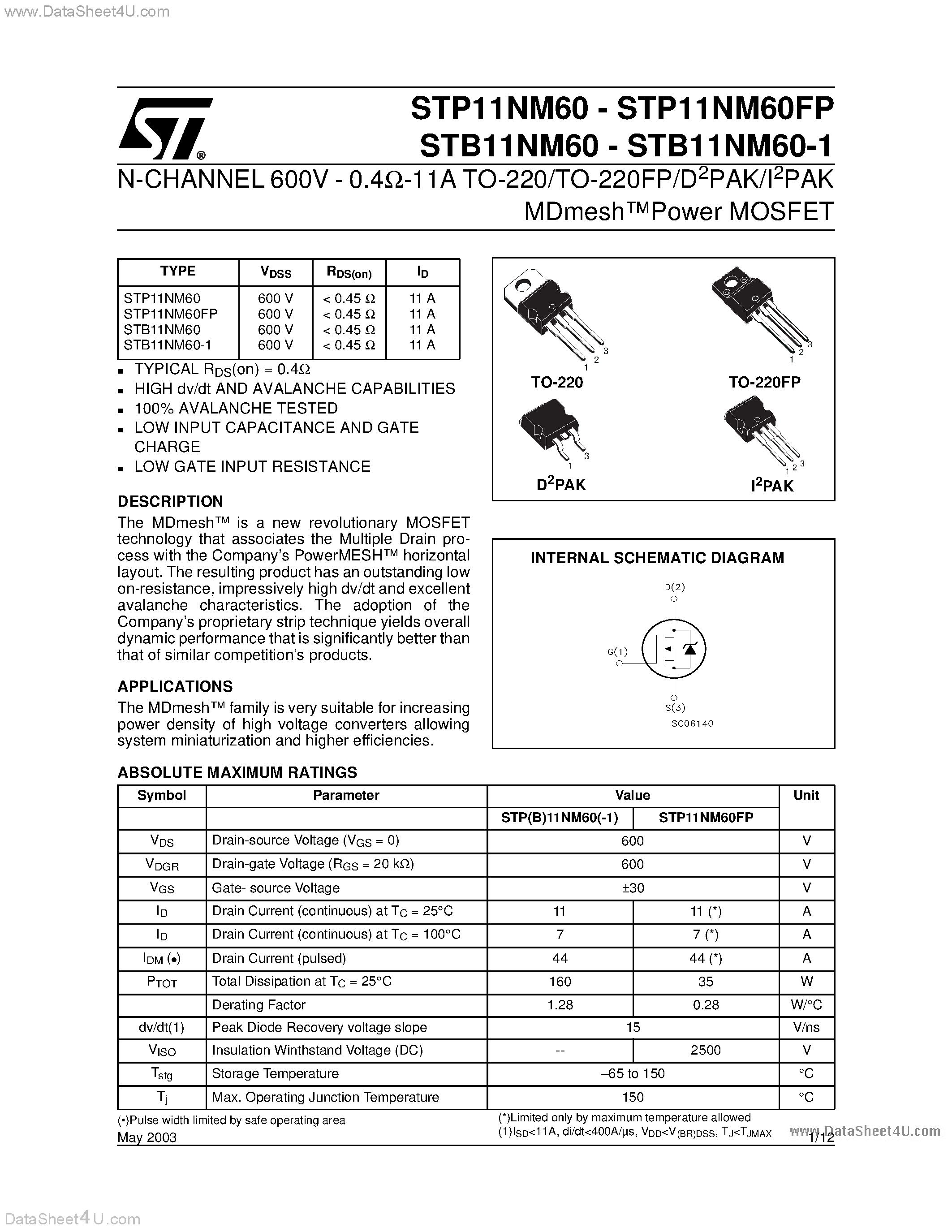 Datasheet STB11NM60 - N-CHANNEL PowerMESH MOSFET page 1