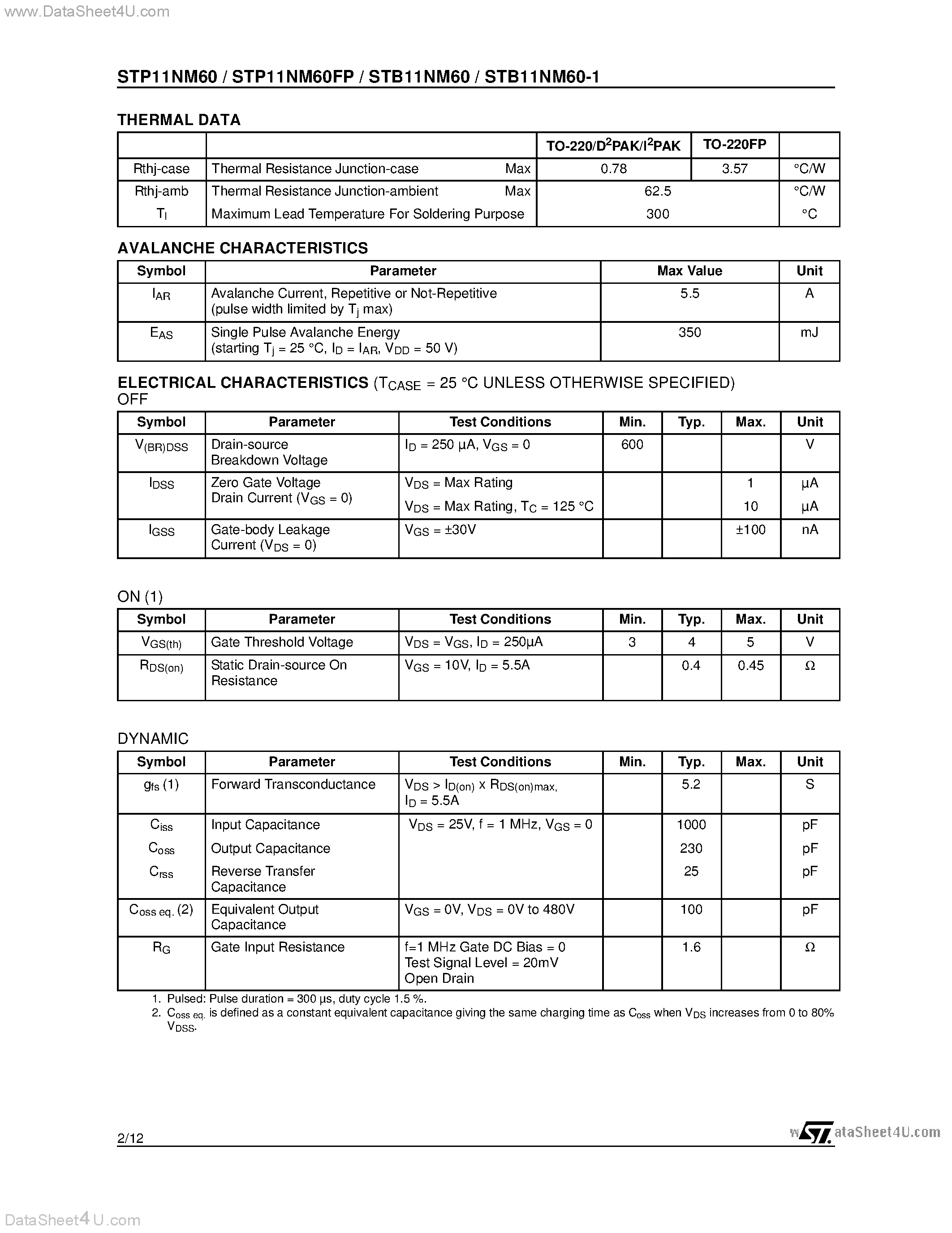 Datasheet STB11NM60 - N-CHANNEL PowerMESH MOSFET page 2