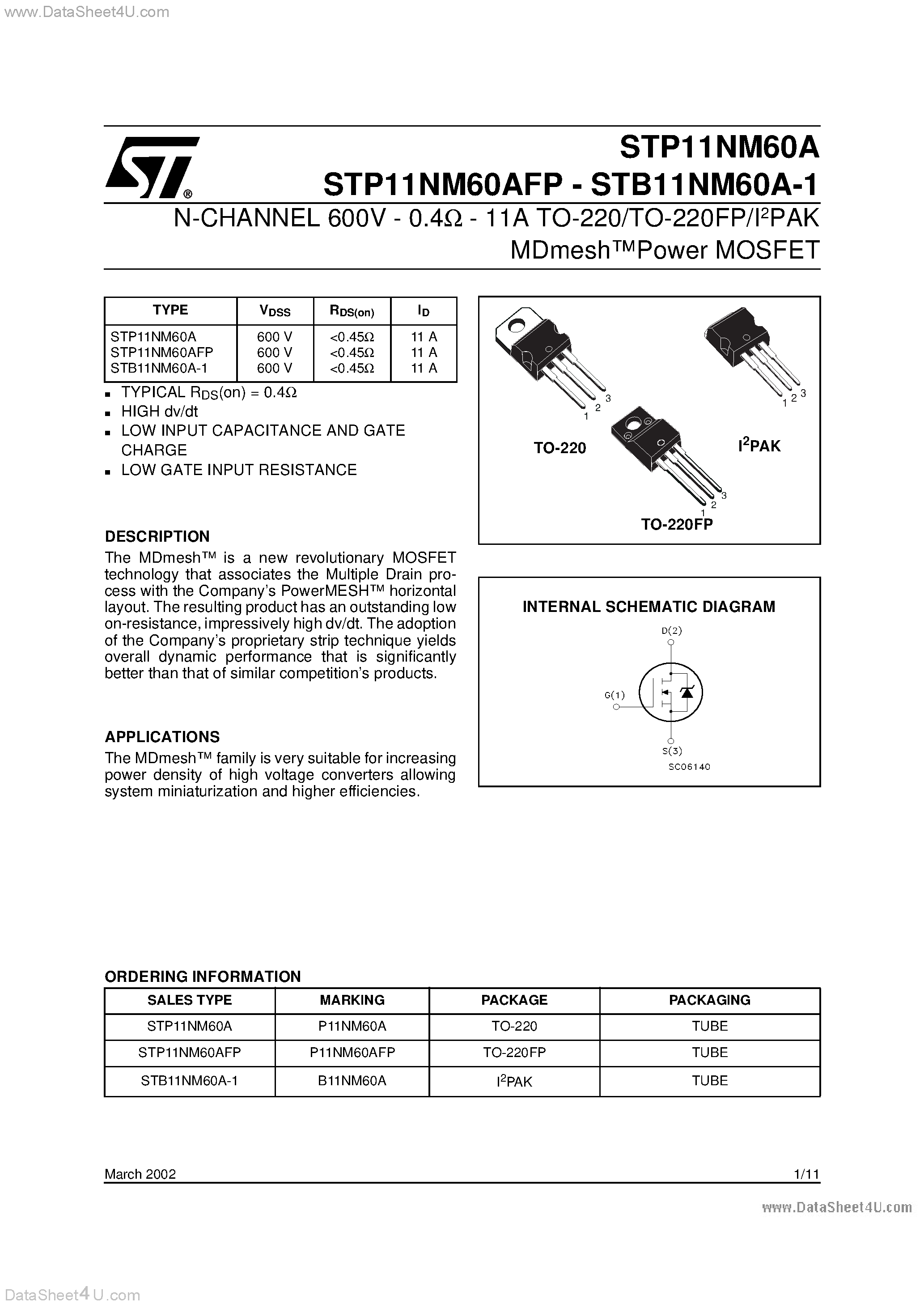 Datasheet STB11NM60A-1 - N-CHANNEL PowerMESH MOSFET page 1