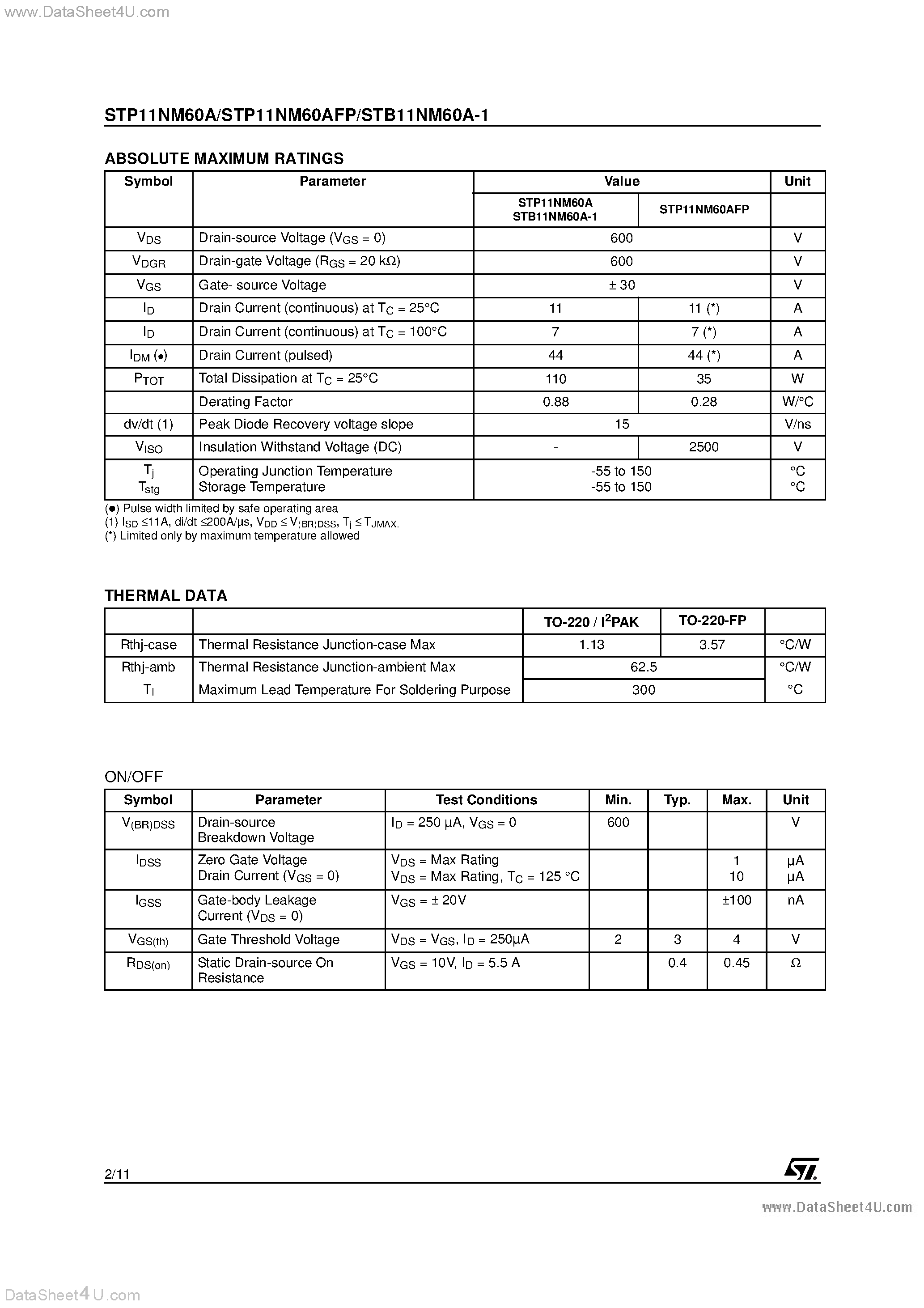 Datasheet STB11NM60A-1 - N-CHANNEL PowerMESH MOSFET page 2