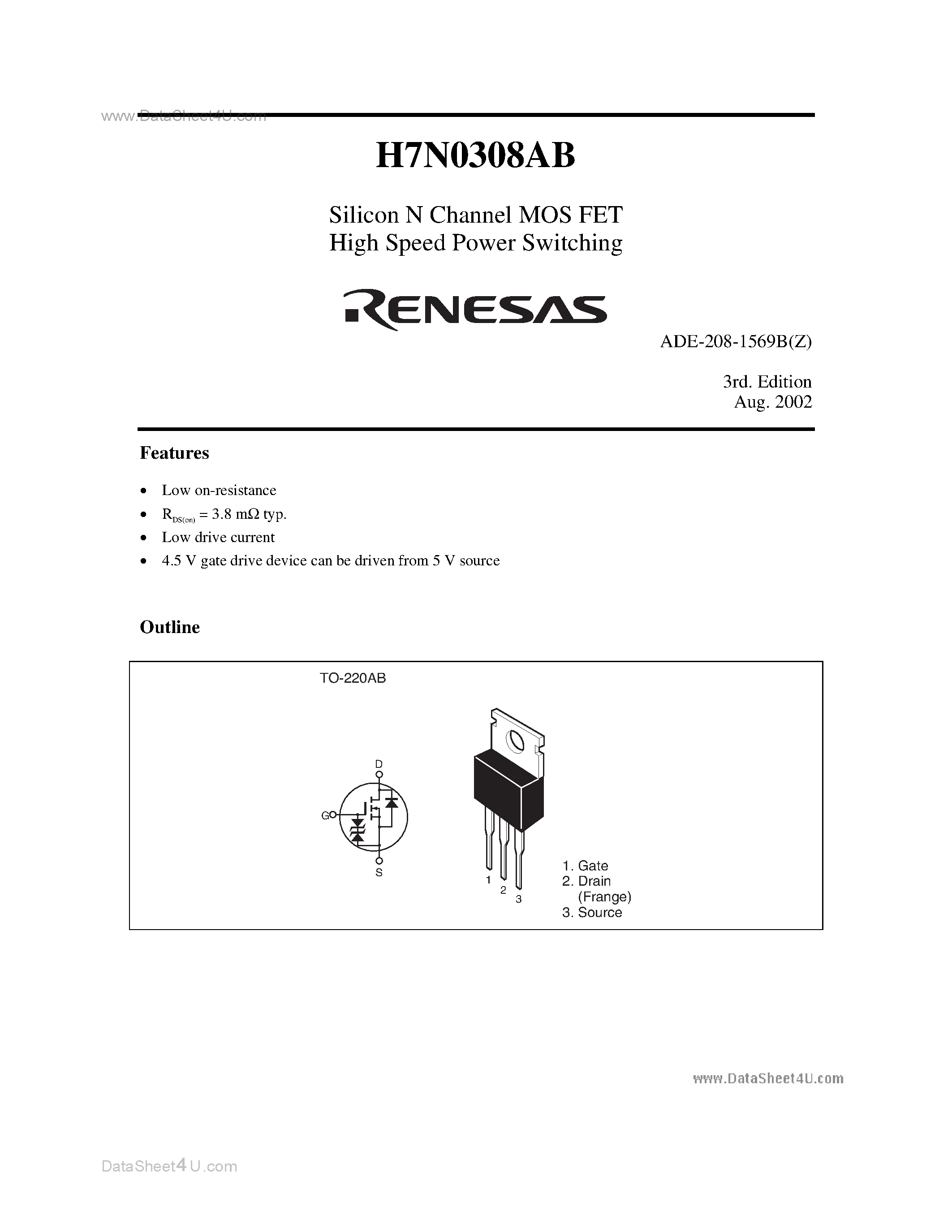 Datasheet H7N0308AB page 1 Datasheet H7N0308AB - Silicon N Channel MOS FET High Speed Power Switching page 1