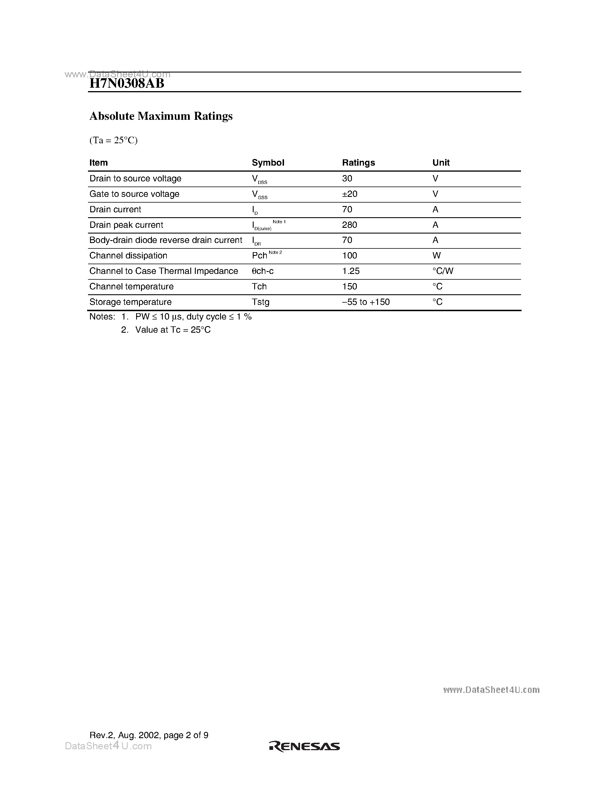 Datasheet H7N0308AB page 2 Datasheet H7N0308AB - Silicon N Channel MOS FET High Speed Power Switching page 2