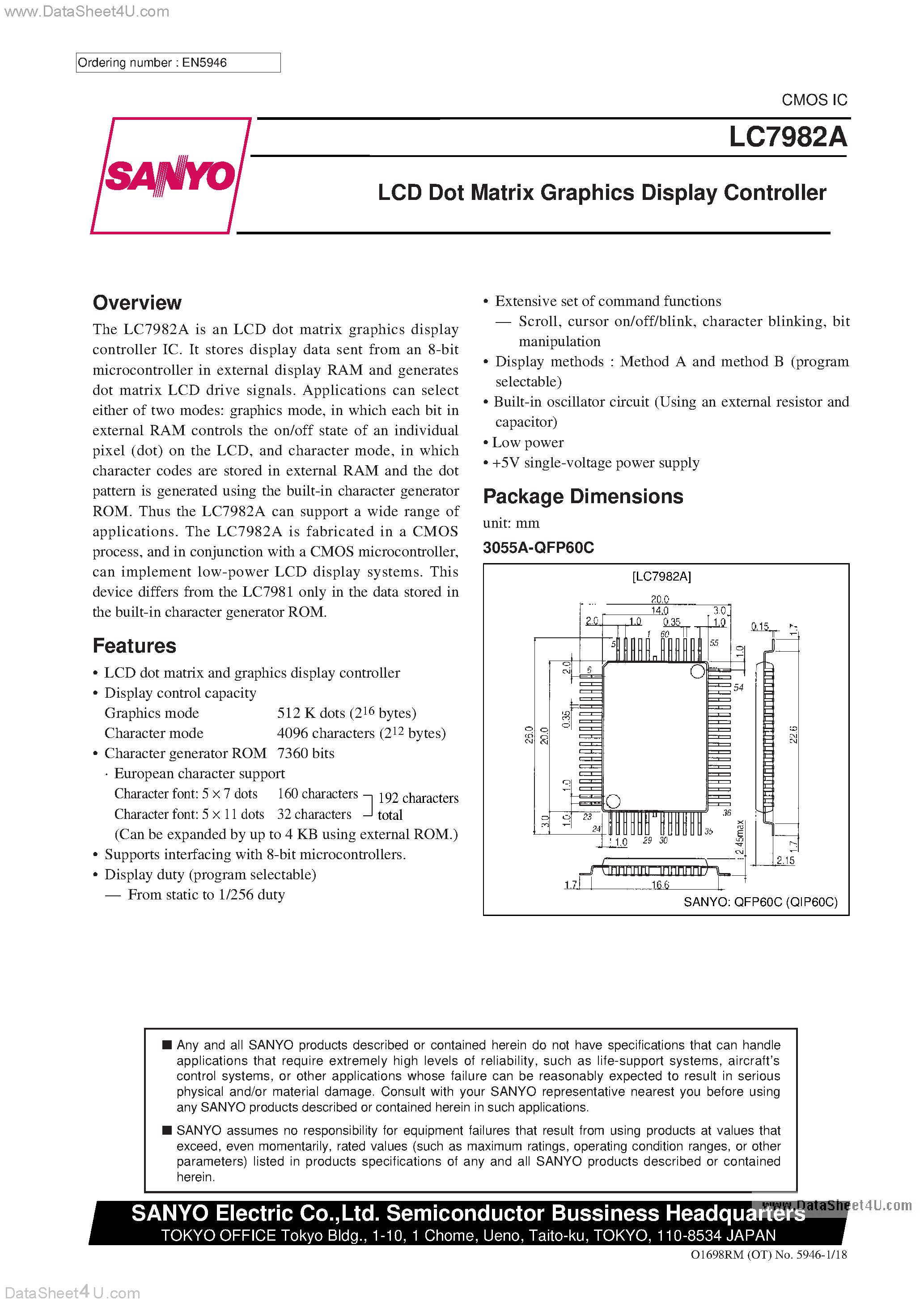 Даташит LC7982A - LCD Dot Matrix Graphics Display Controller страница 1