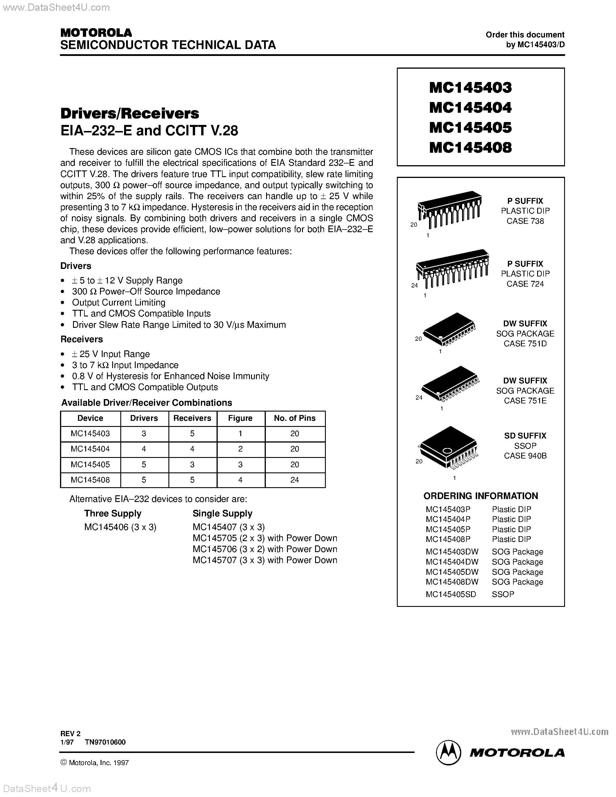 Datasheet MC145403 - (MC145403 - MC145408) DRIVER / RECEIVERS page 1
