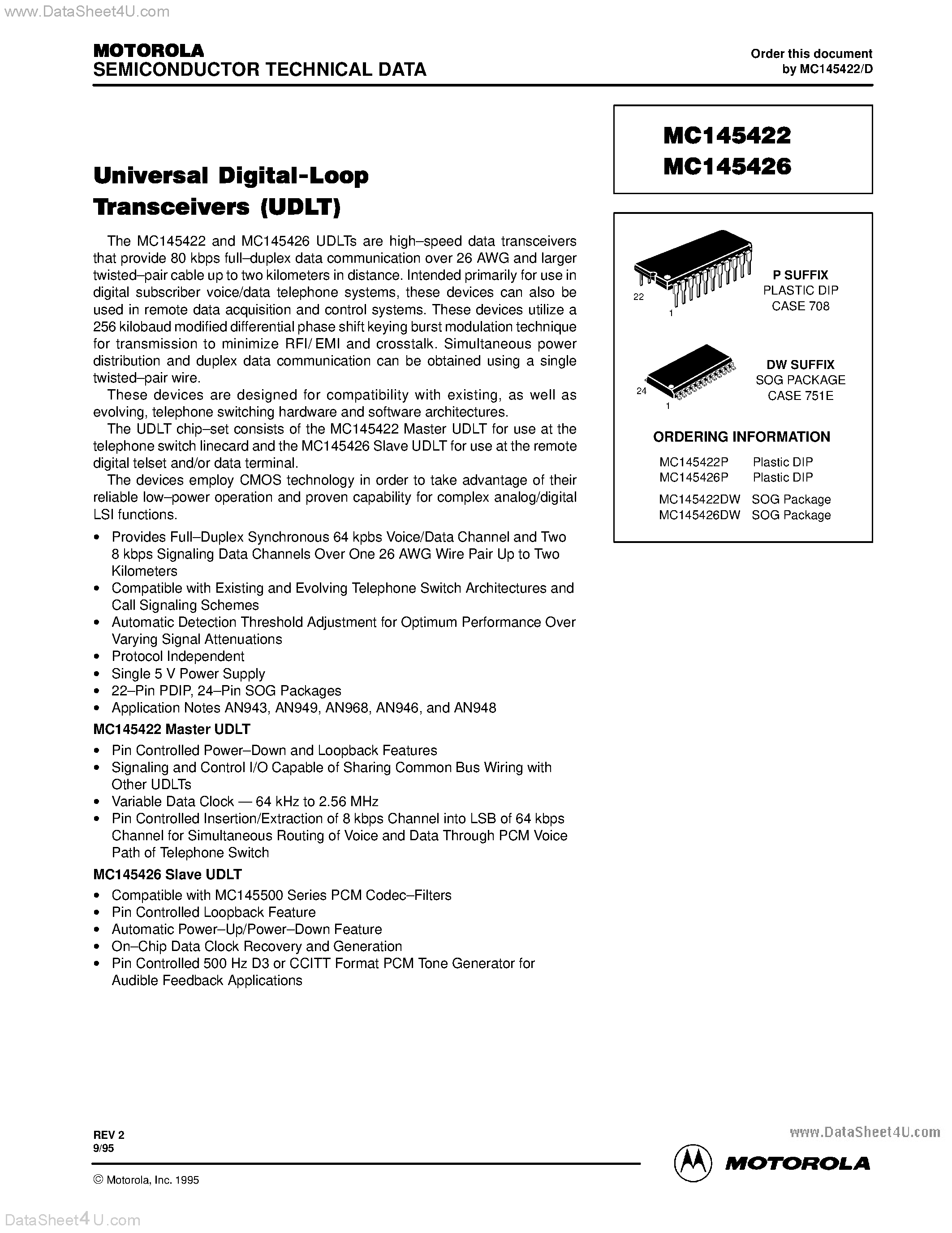 Datasheet MC145422 page 1 Datasheet MC145422 - (MC145422 / MC145426) UNIVERSAL DIGITAL-LOOP TRANSCEIVER(UDLT) page 1