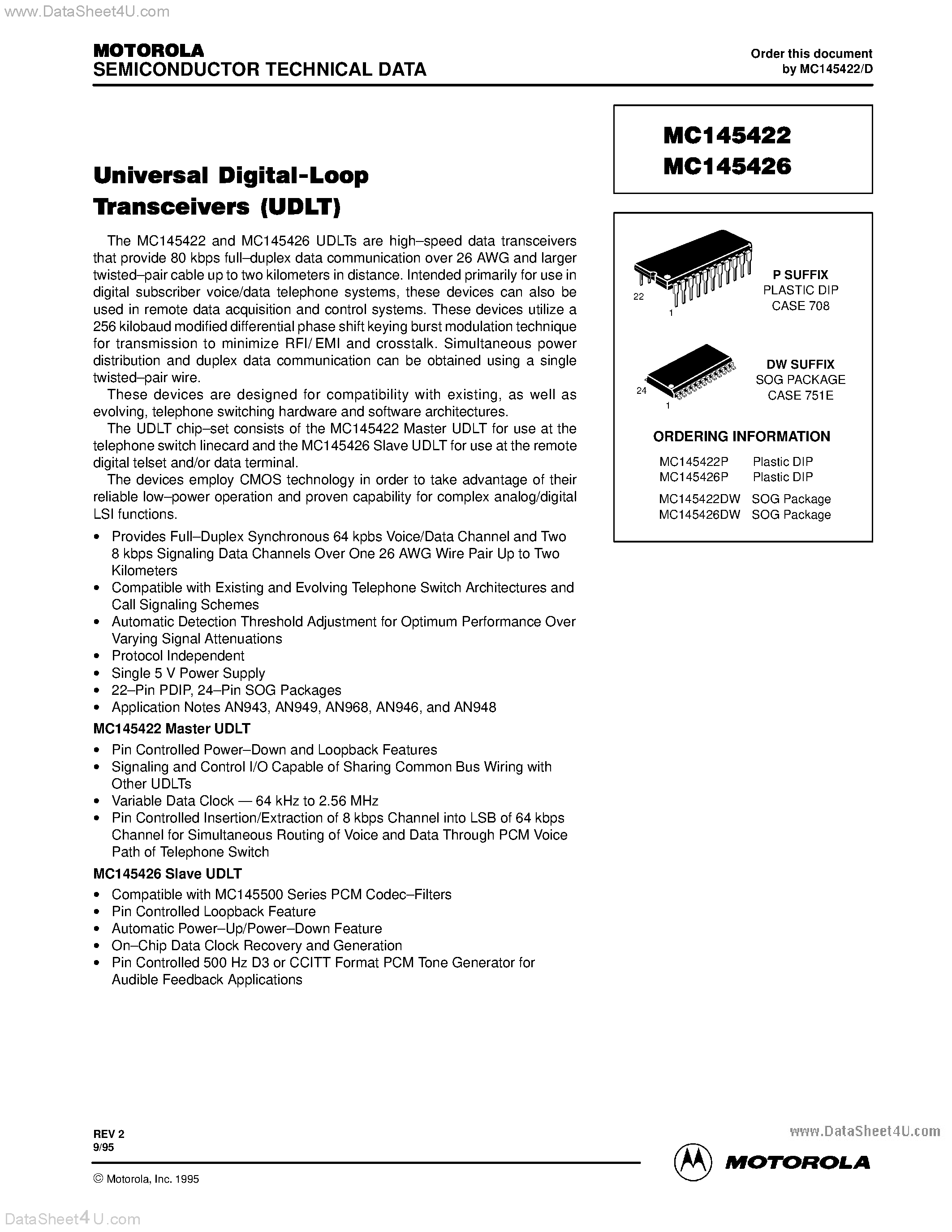 Datasheet MC145422 - (MC145422 / MC145426) UNIVERSAL DIGITAL-LOOP TRANSCEIVER(UDLT) page 1