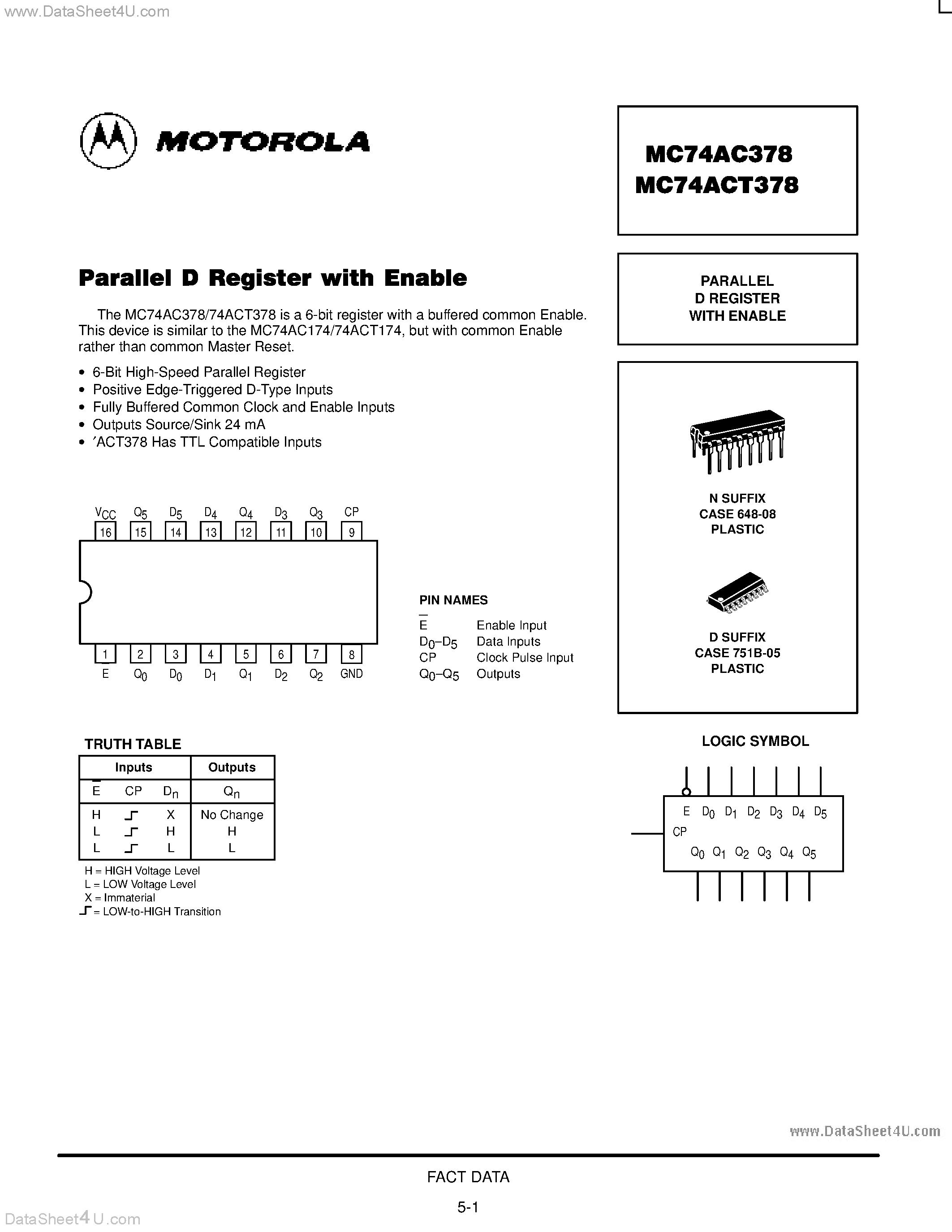 Даташит MC74AC378 - PARALLEL D REGISTER WITH ENABLE страница 1