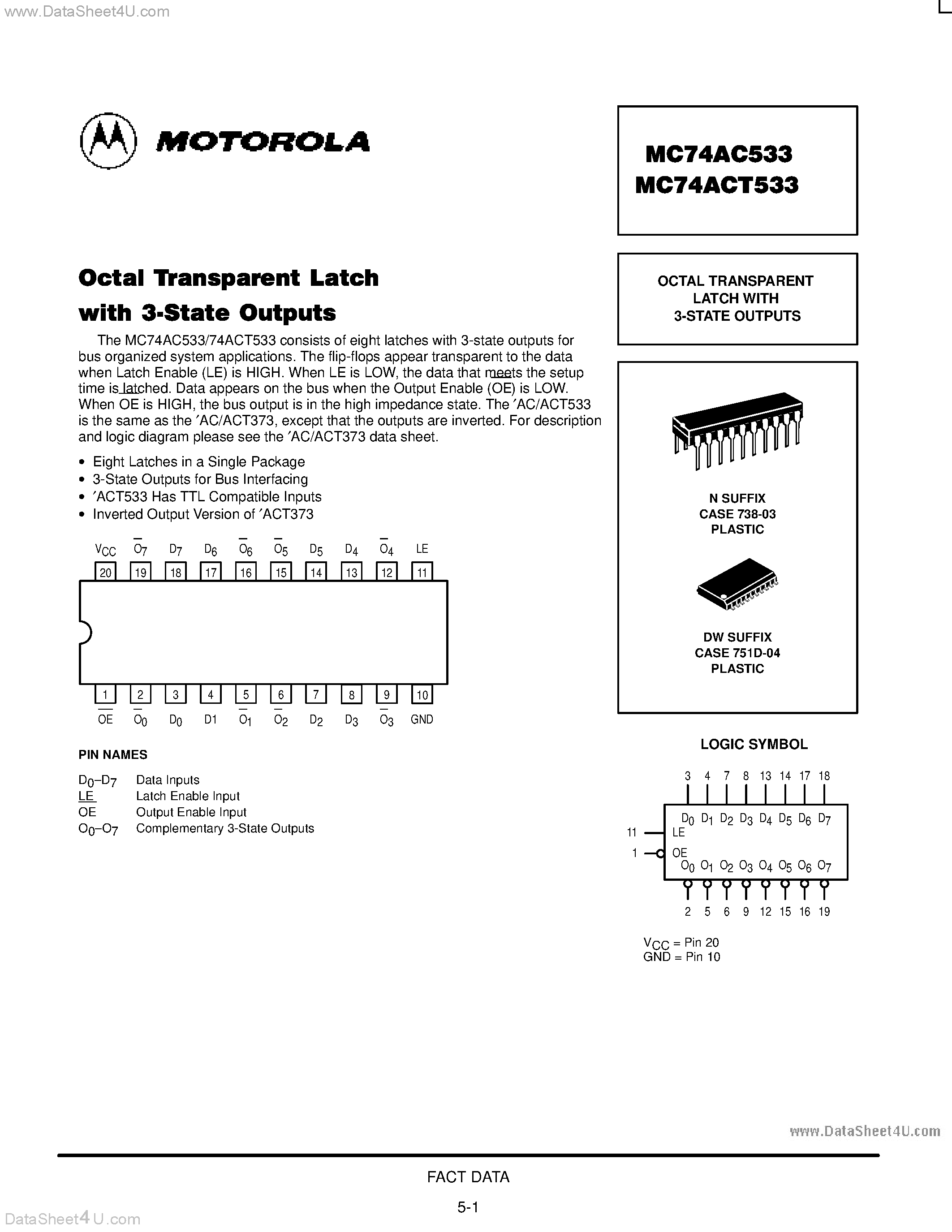 Даташит MC74AC533 - OCTAL TRANSPARENT LATCH WITH 3-STATE OUTPUTS страница 1