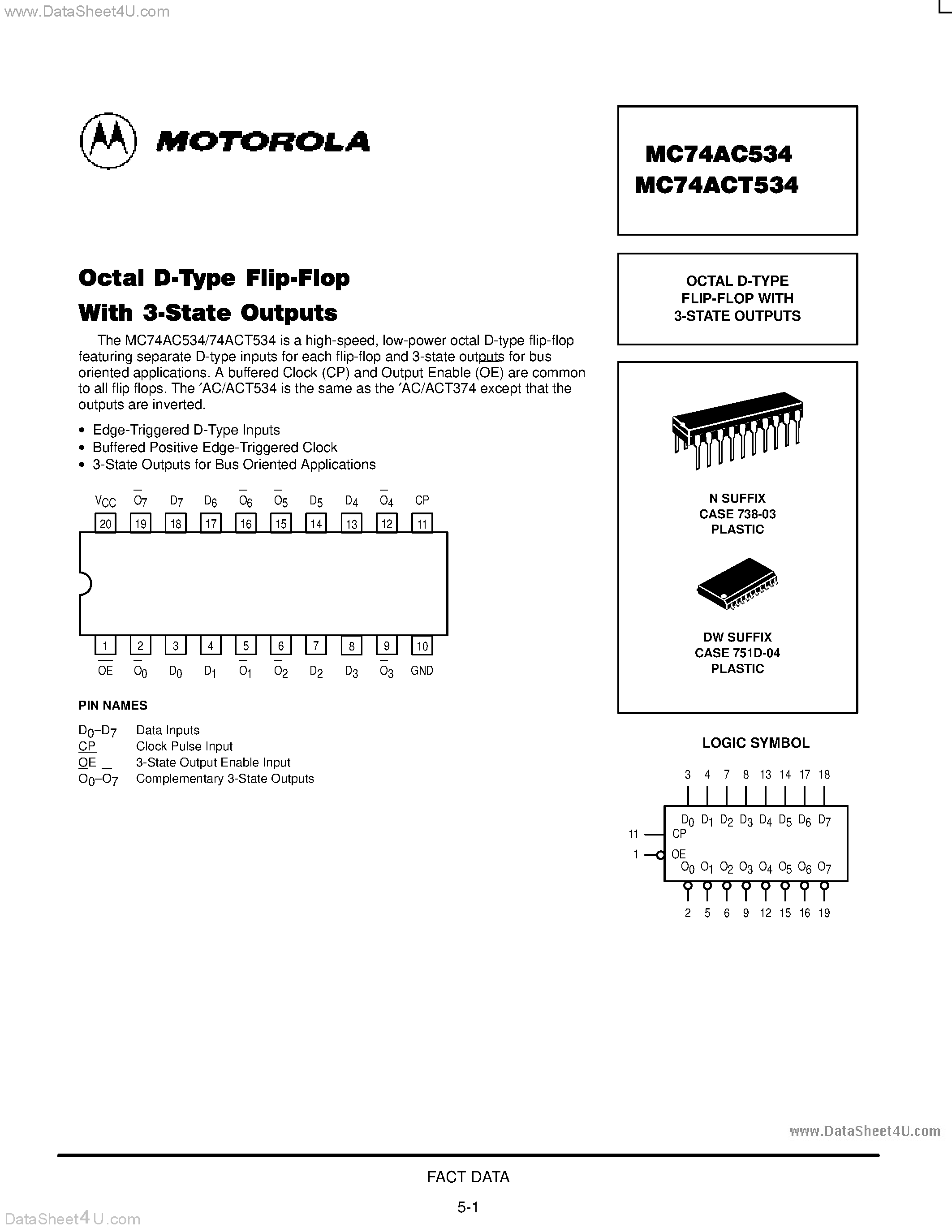 Даташит MC74AC534 - OCTAL D-TYPE FLIP-FLOP WITH 3-STATE OUTPUTS страница 1