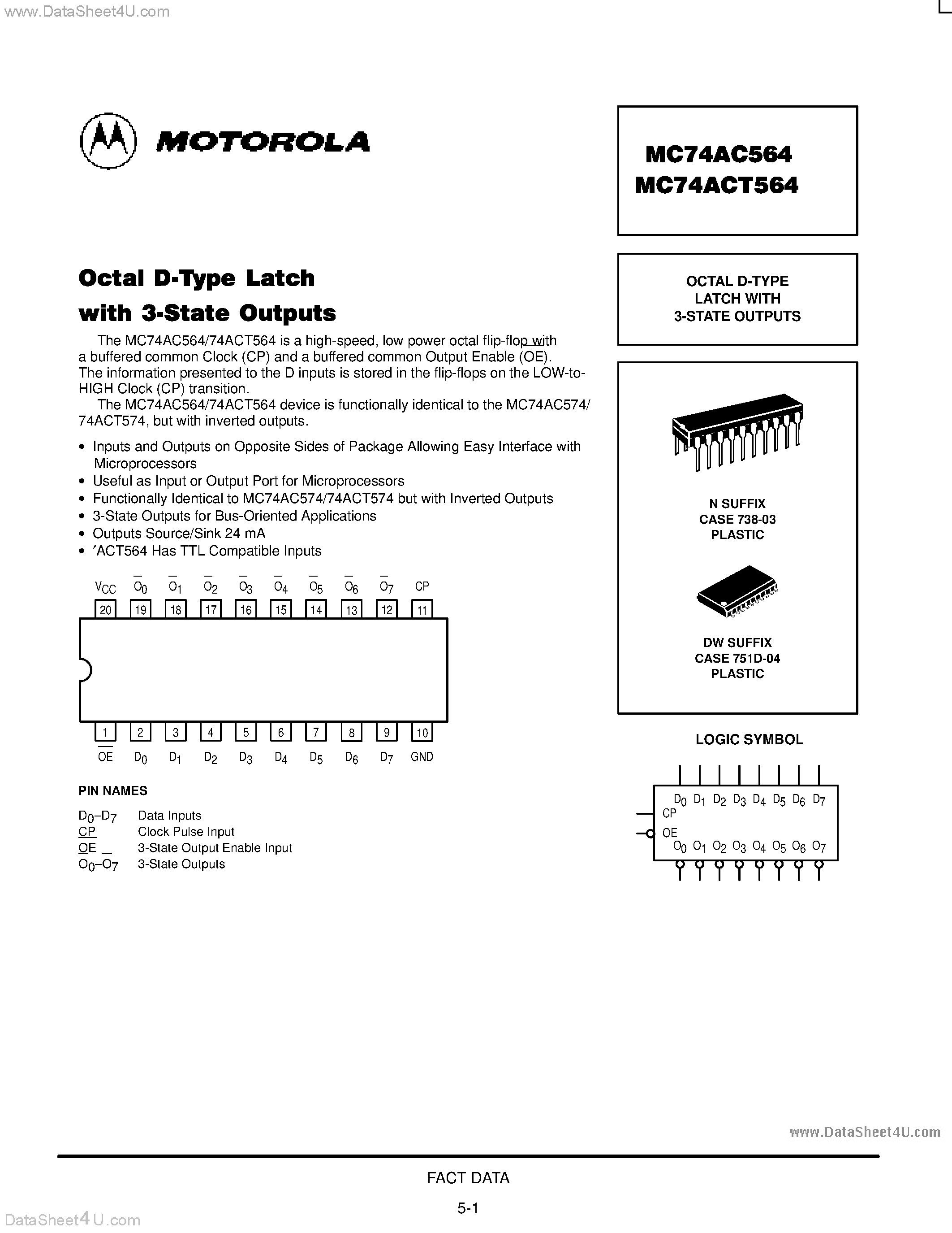 Даташит MC74AC564 - OCTAL D-TYPE LATCH WITH 3-STATE OUTPUTS страница 1