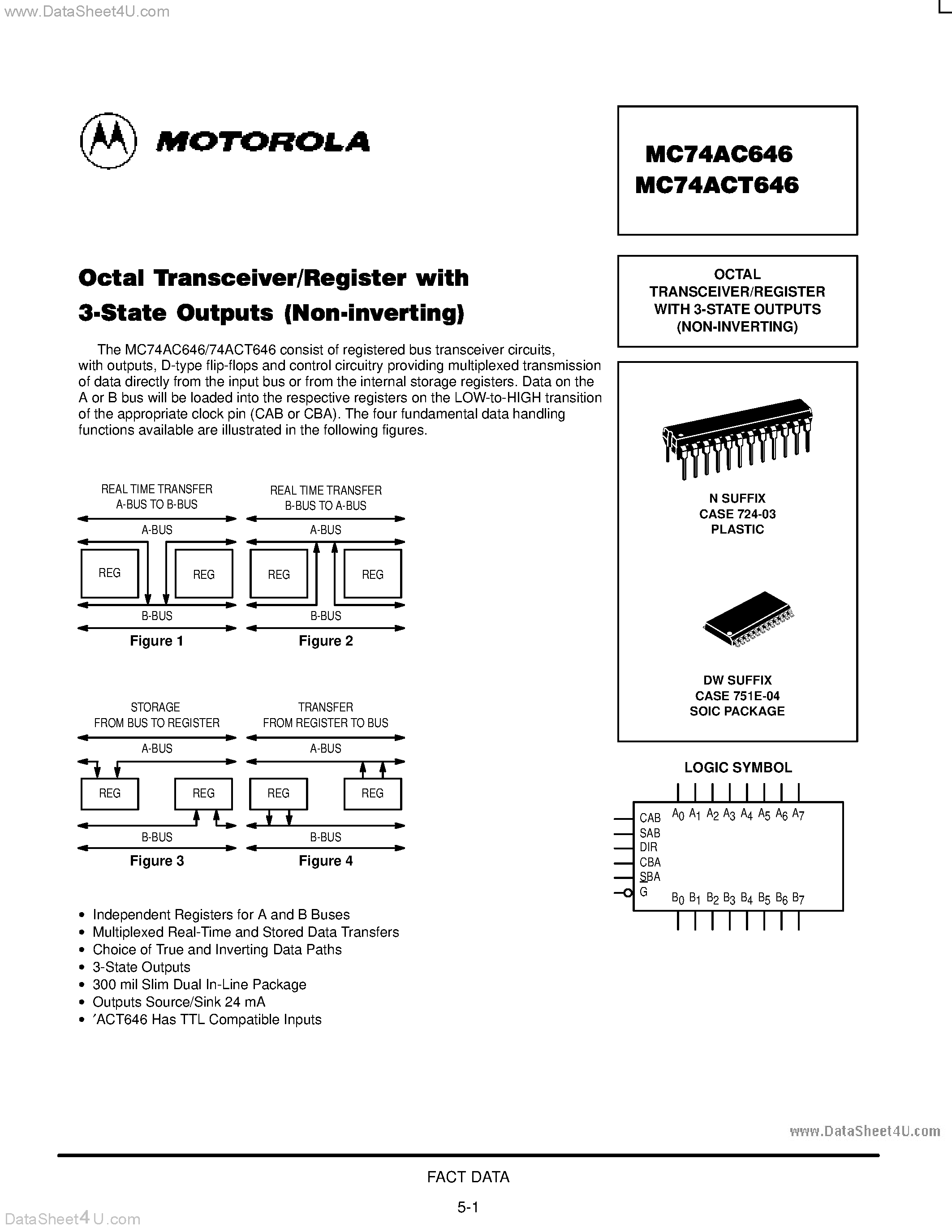 Даташит MC74AC646 - OCTAL TRANSCEIVER/REGISTER WITH 3-STATE OUTPUTS (NON-INVERTING) страница 1