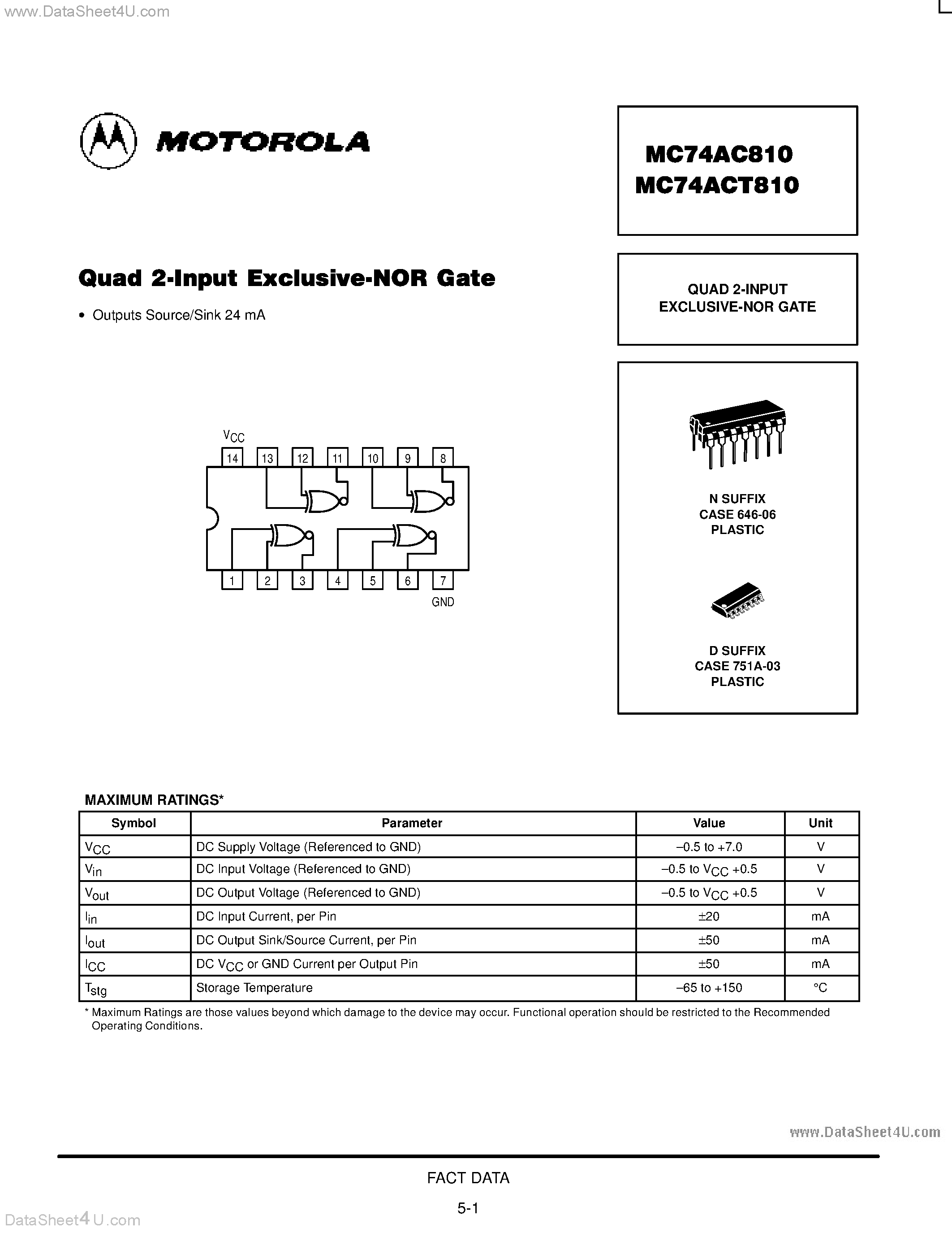 Даташит MC74AC810 - QUAD 2-INPUT EXCLUSIVE-NOR GATE страница 1
