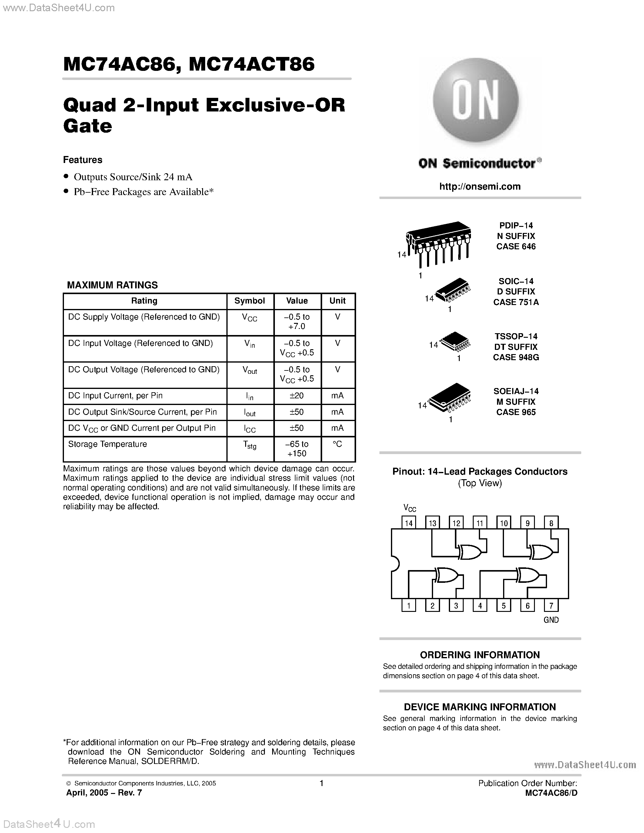 Даташит MC74AC86 - QUAD 2-INPUT EXCLUSIVE-OR GATE страница 1