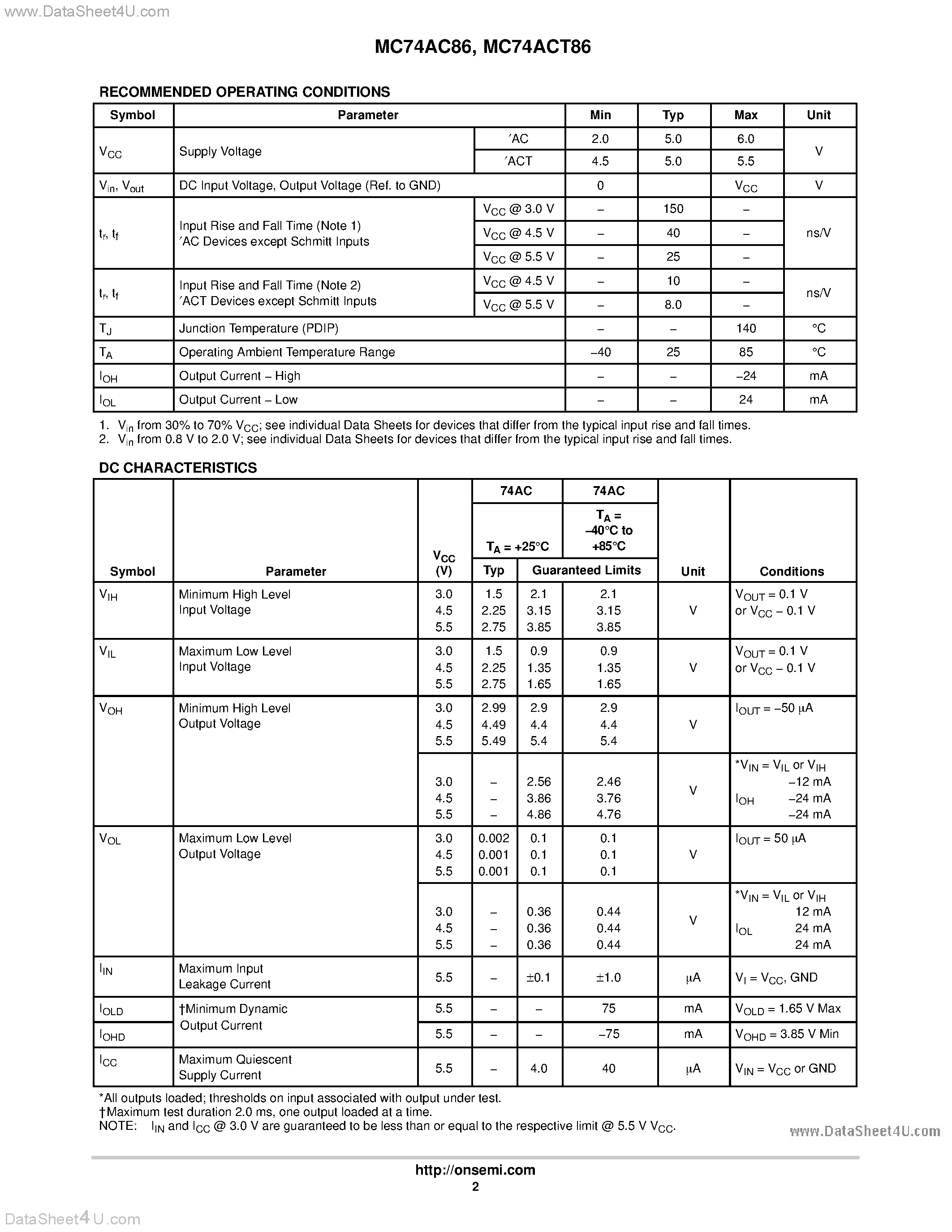 Даташит MC74AC86 - QUAD 2-INPUT EXCLUSIVE-OR GATE страница 2