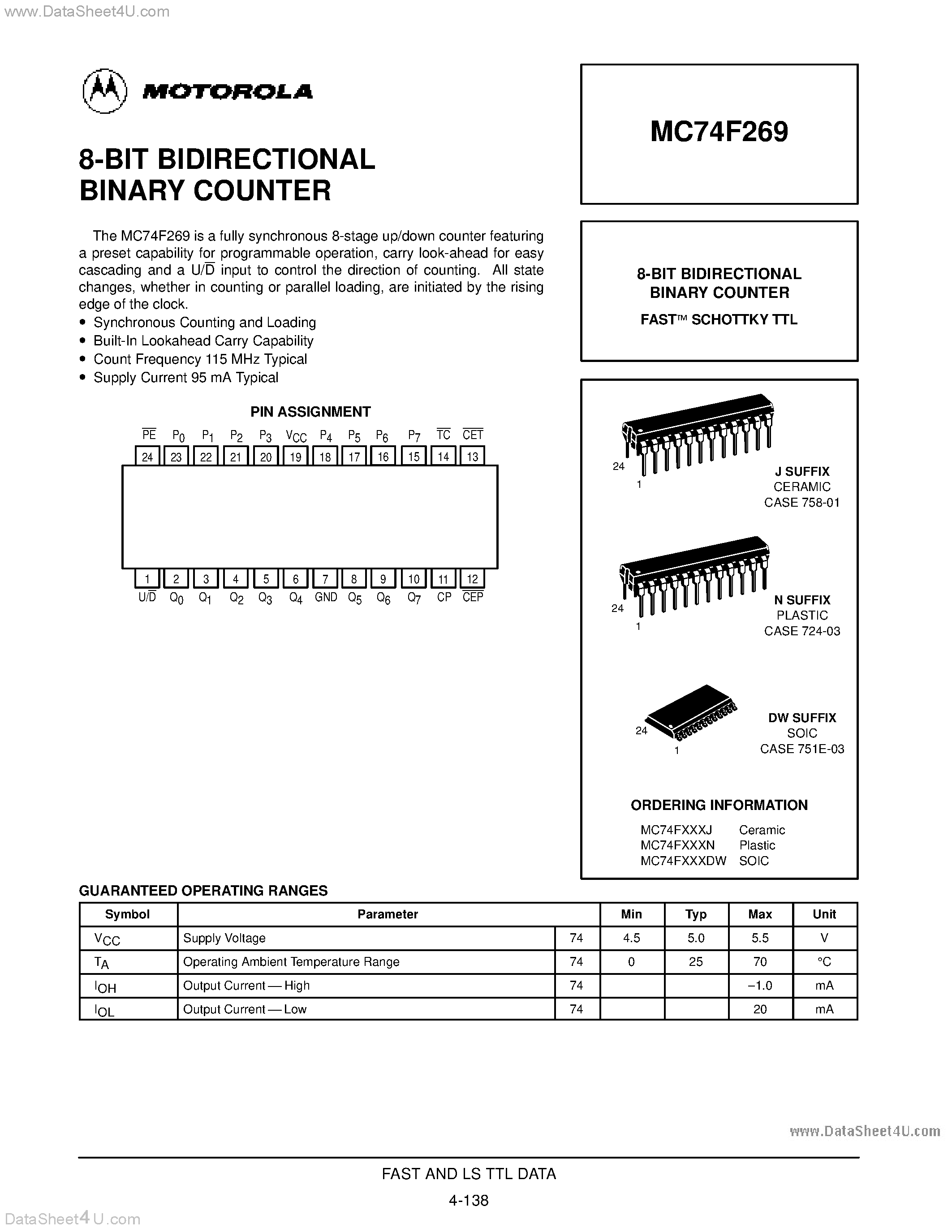 Даташит MC74F269 - 8-BIT BIDIRECTIONAL BINARY COUNTER страница 1