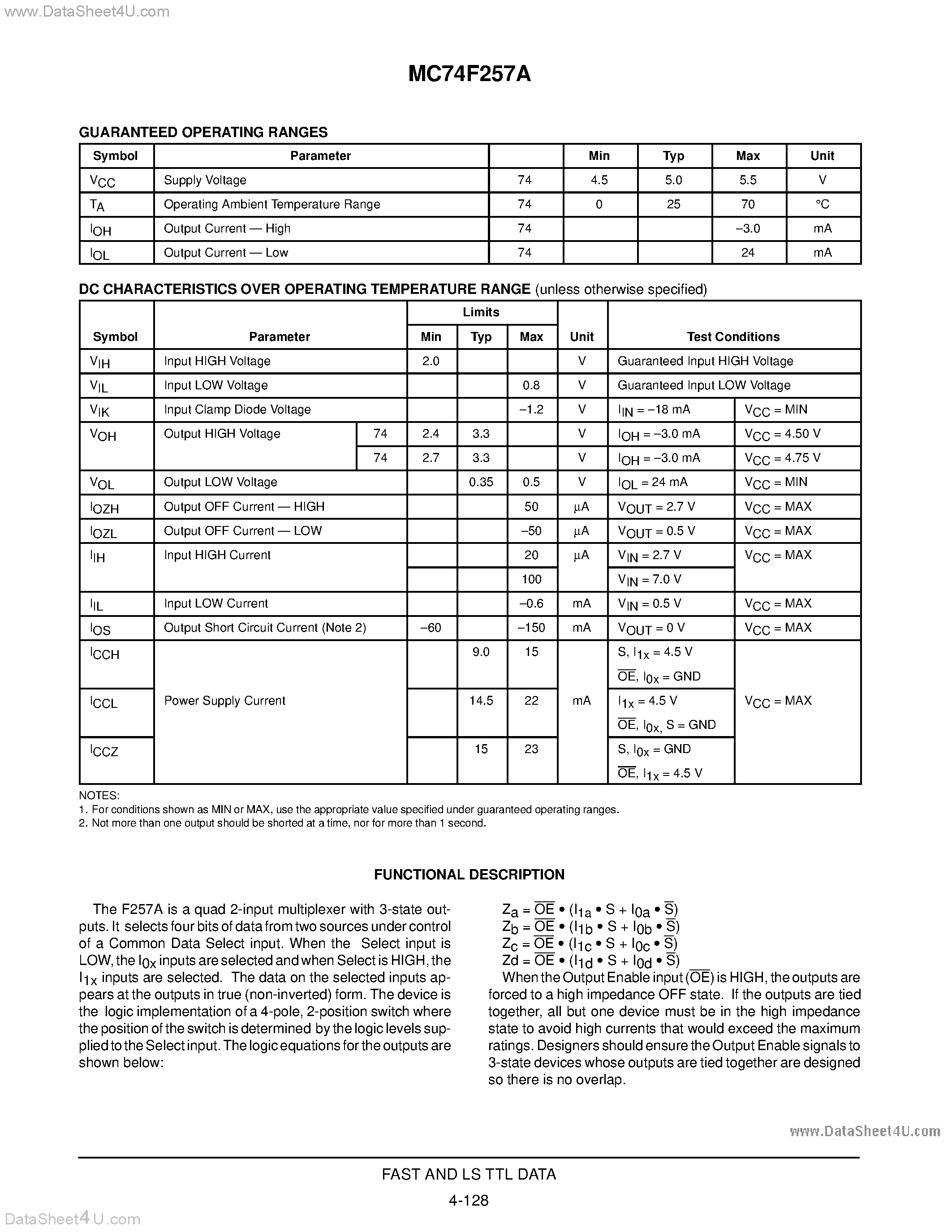 Даташит MC74F257A - QUAD 2-INPUT MULTIPLEXER WITH 3-STATE OUTPUTS страница 2