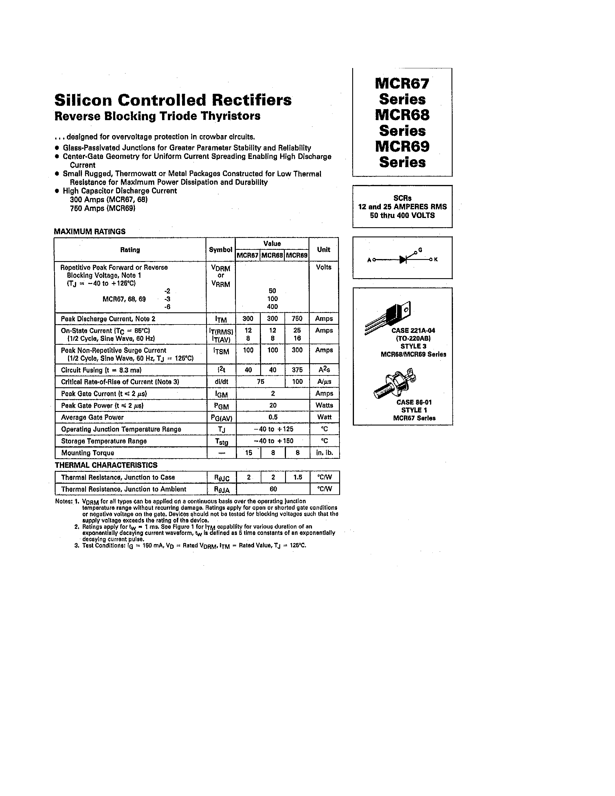 Datasheet MCR67 - (MCR67 - MCR69) SILICON CONTROLLED RECTIFIERS page 1