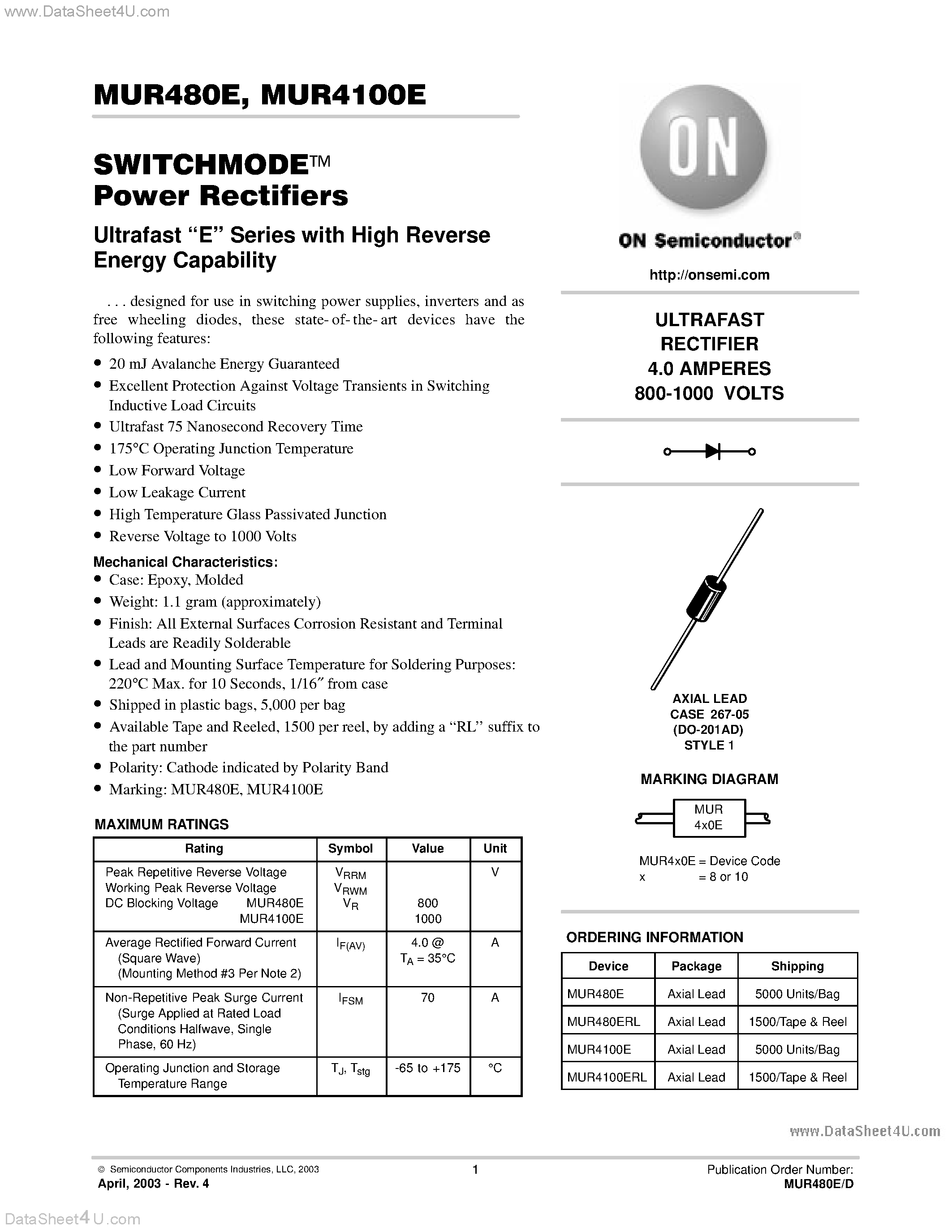 Datasheet MUR4100E - (MUR480E / MUR4100E) SWITCHMODE Power Rectifiers page 1