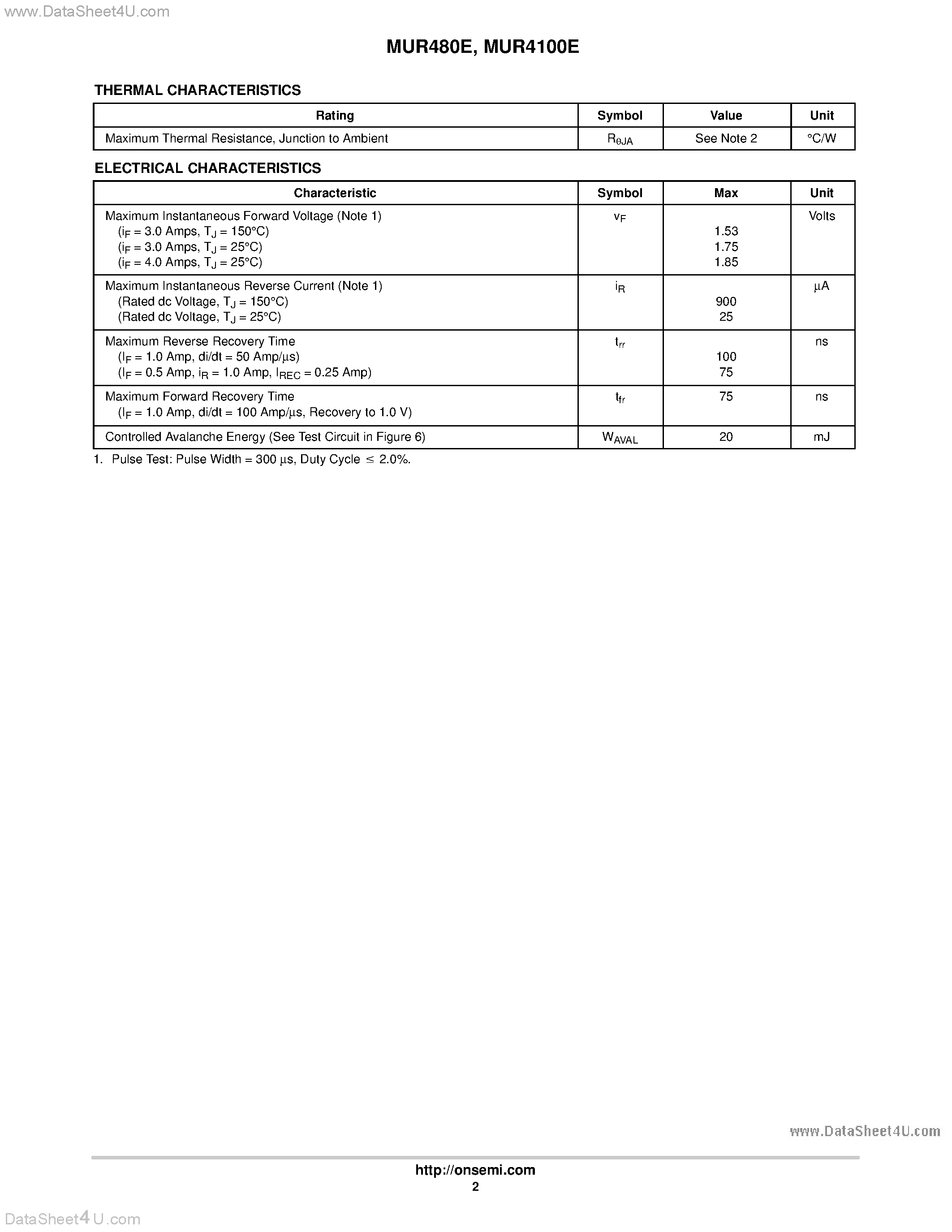Datasheet MUR4100E - (MUR480E / MUR4100E) SWITCHMODE Power Rectifiers page 2