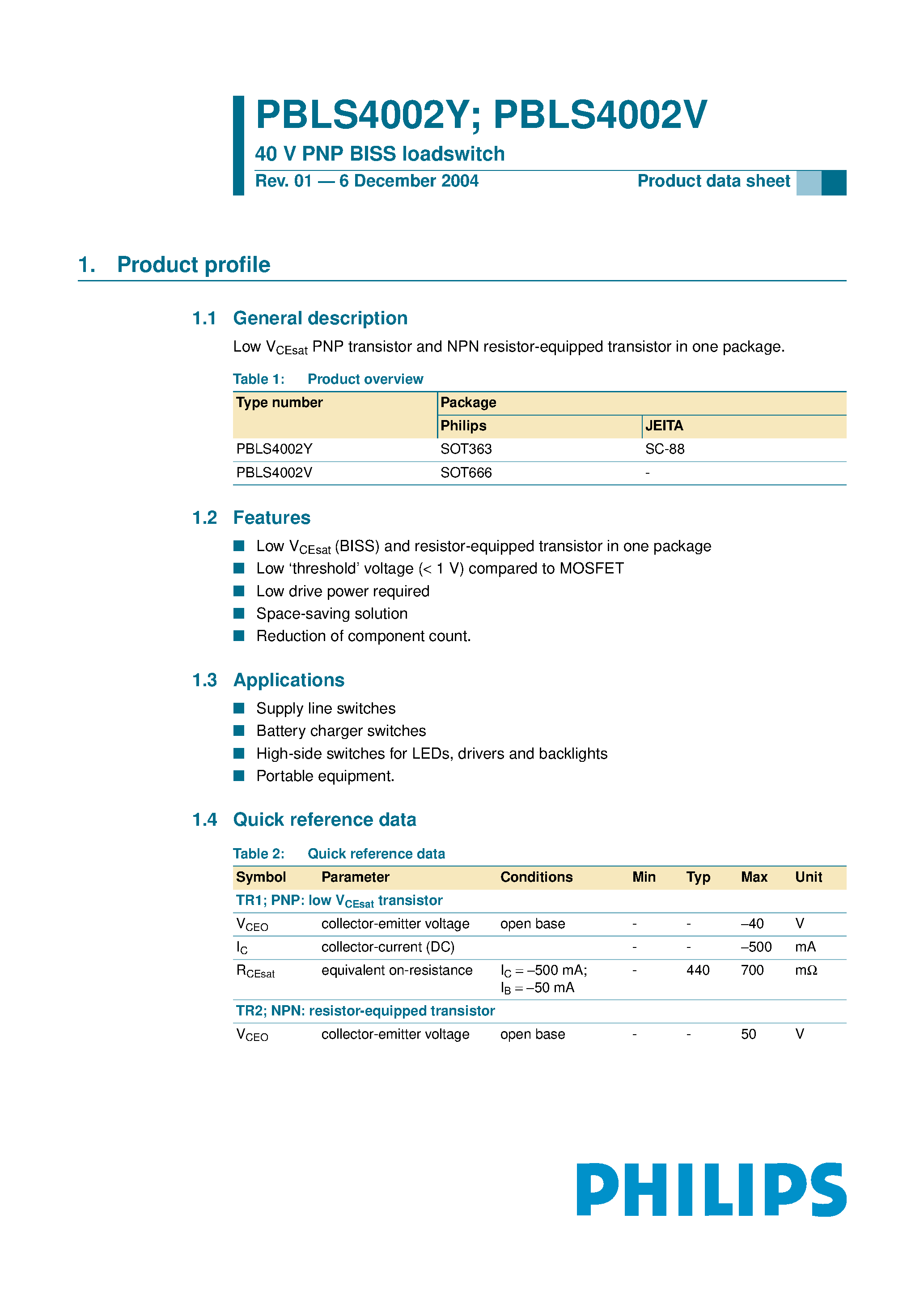 Даташит PBLS4002V - 40 V PNP BISS loadswitch страница 1