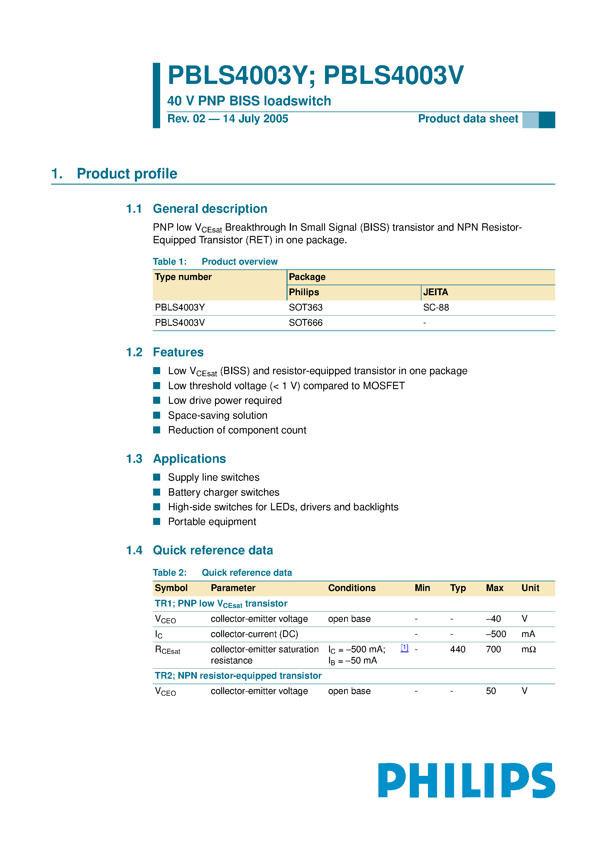 Даташит PBLS4003V - 40 V PNP BISS loadswitch страница 1