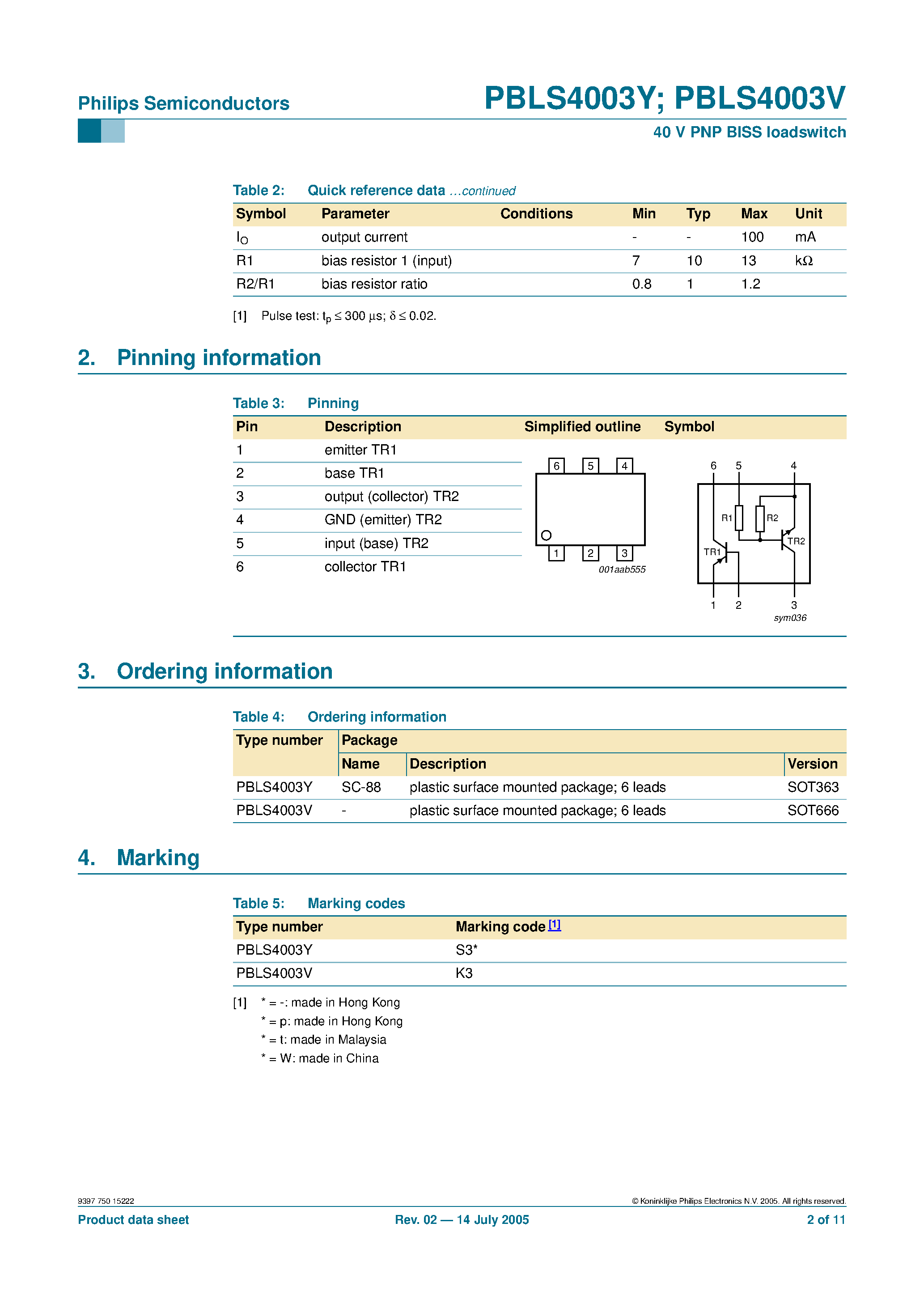 Даташит PBLS4003V - 40 V PNP BISS loadswitch страница 2