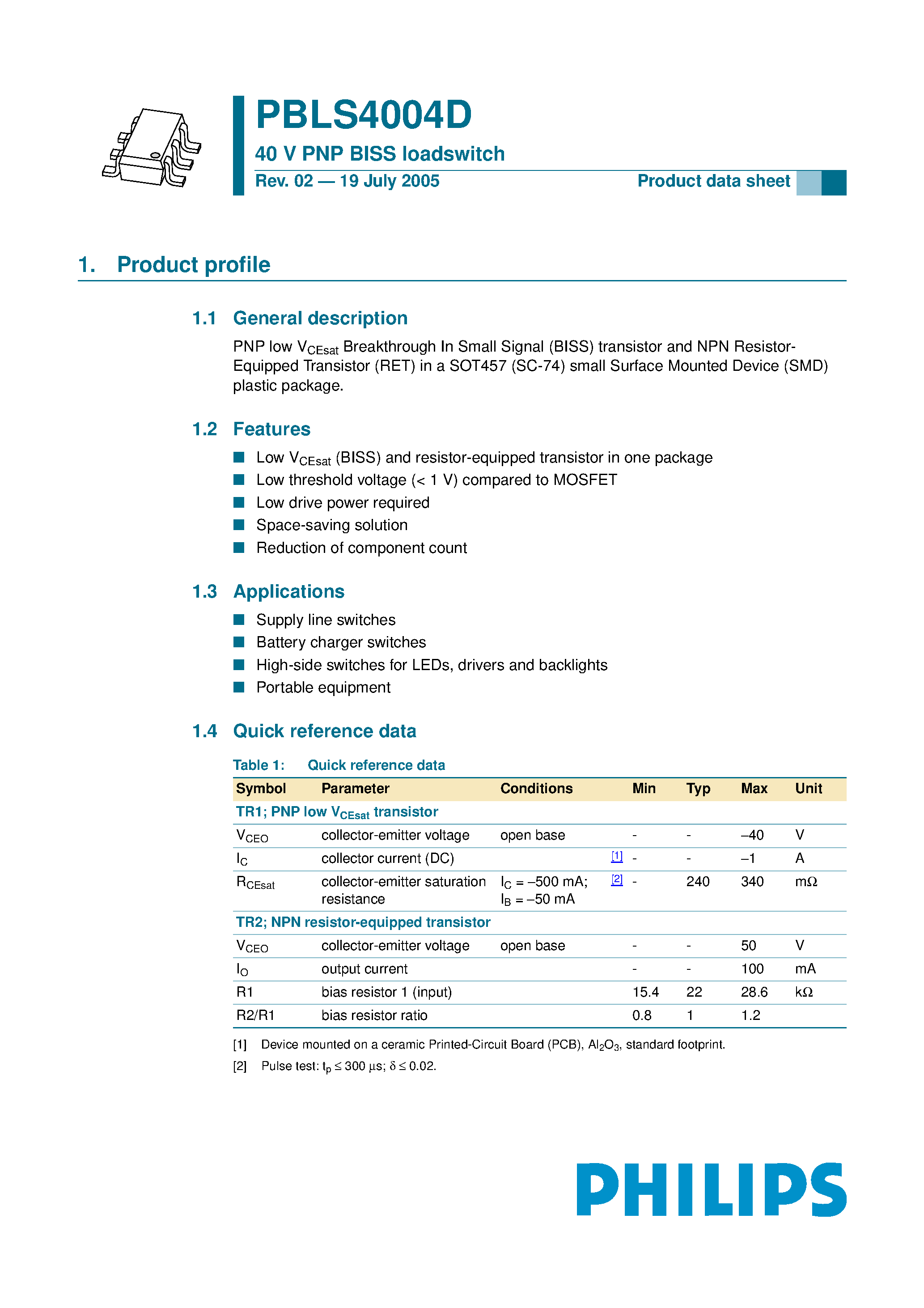 Даташит PBLS4004D - 40 V PNP BISS loadswitch страница 1