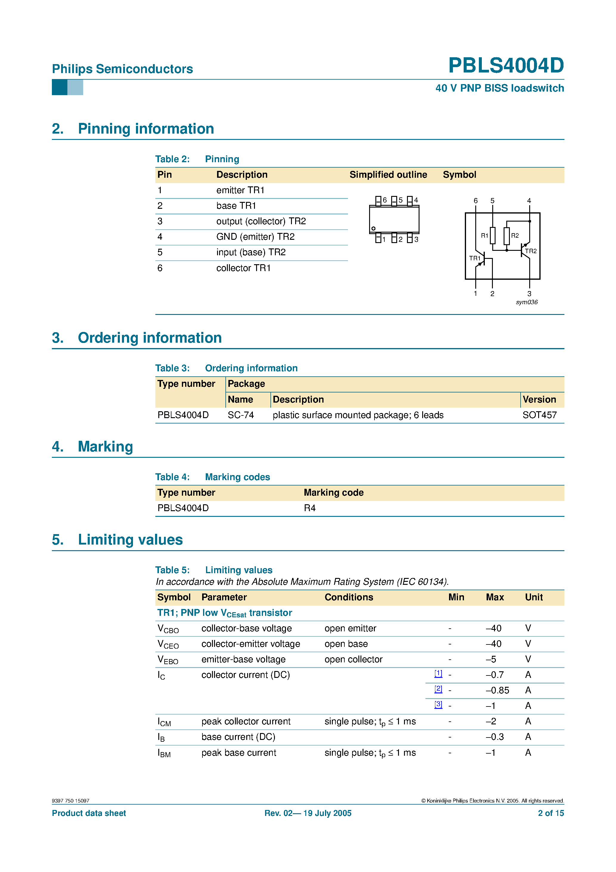 Даташит PBLS4004D - 40 V PNP BISS loadswitch страница 2