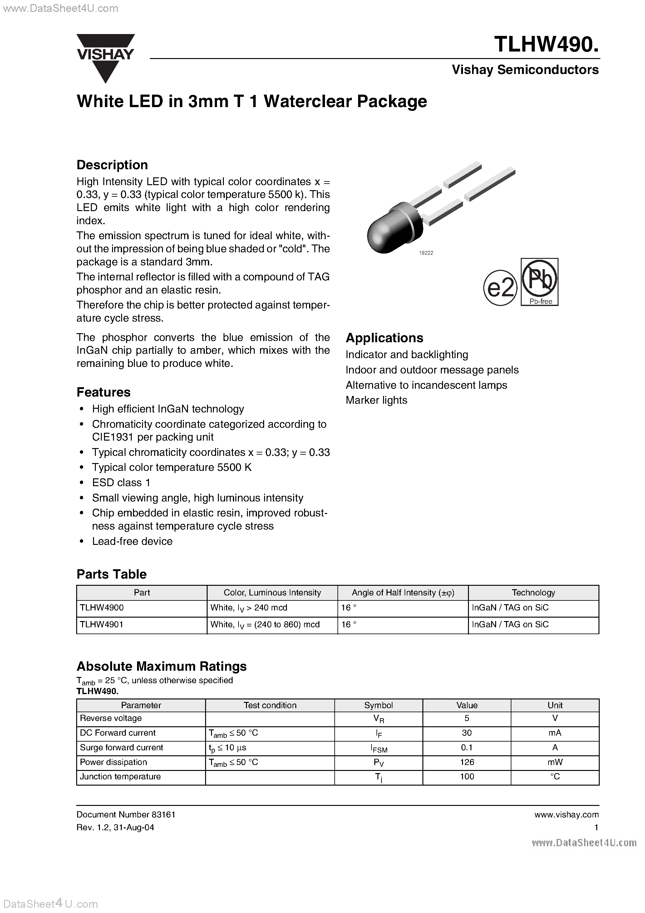 Даташит TLHW490 - White LED in 3mm T 1 Waterclear Package страница 1