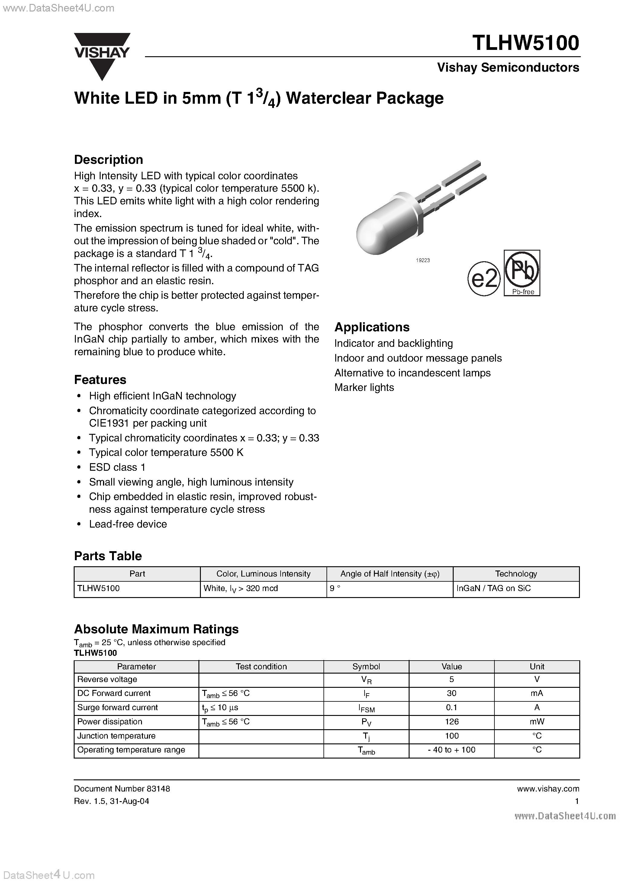 Datasheet TLHW5100 - White LED in 5mm (T 1 3/4) Waterclear Package page 1