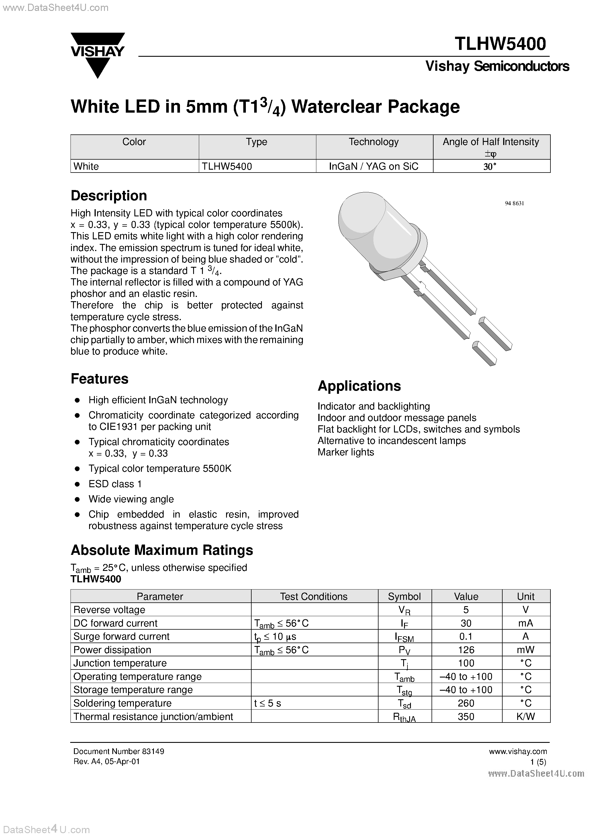 Datasheet TLHW5400 - White LED in 5mm (T1 3/4) Waterclear Package page 1