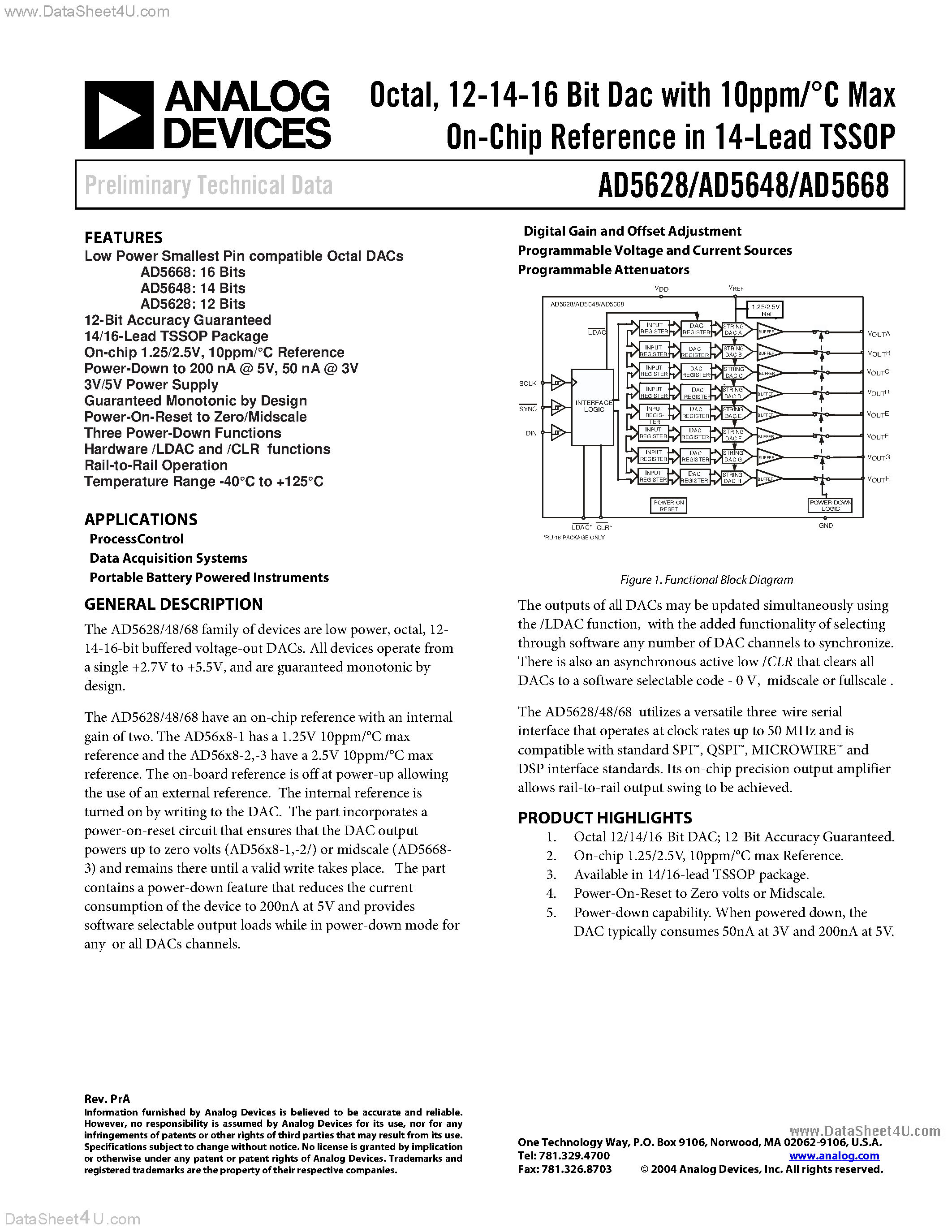 Даташит на микросхему AD5628 страница 1 Даташит AD5628 - (AD56x8) 12-14-16 Bit Dac страница 1